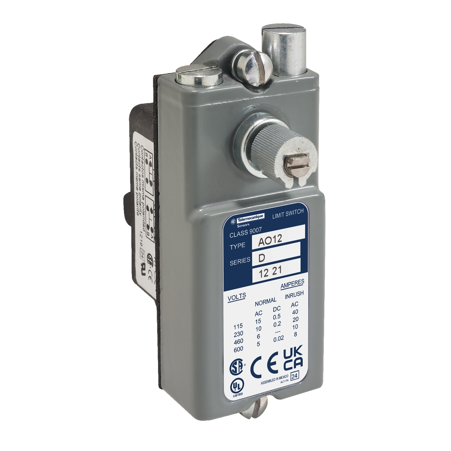 9007AO16 9007AW Fixed Heavy Duty Limit Switch, 600 V AC, 15 A, Spring Return Lever Arm Actuator, 1CO SPDT Contact, 1 Poles