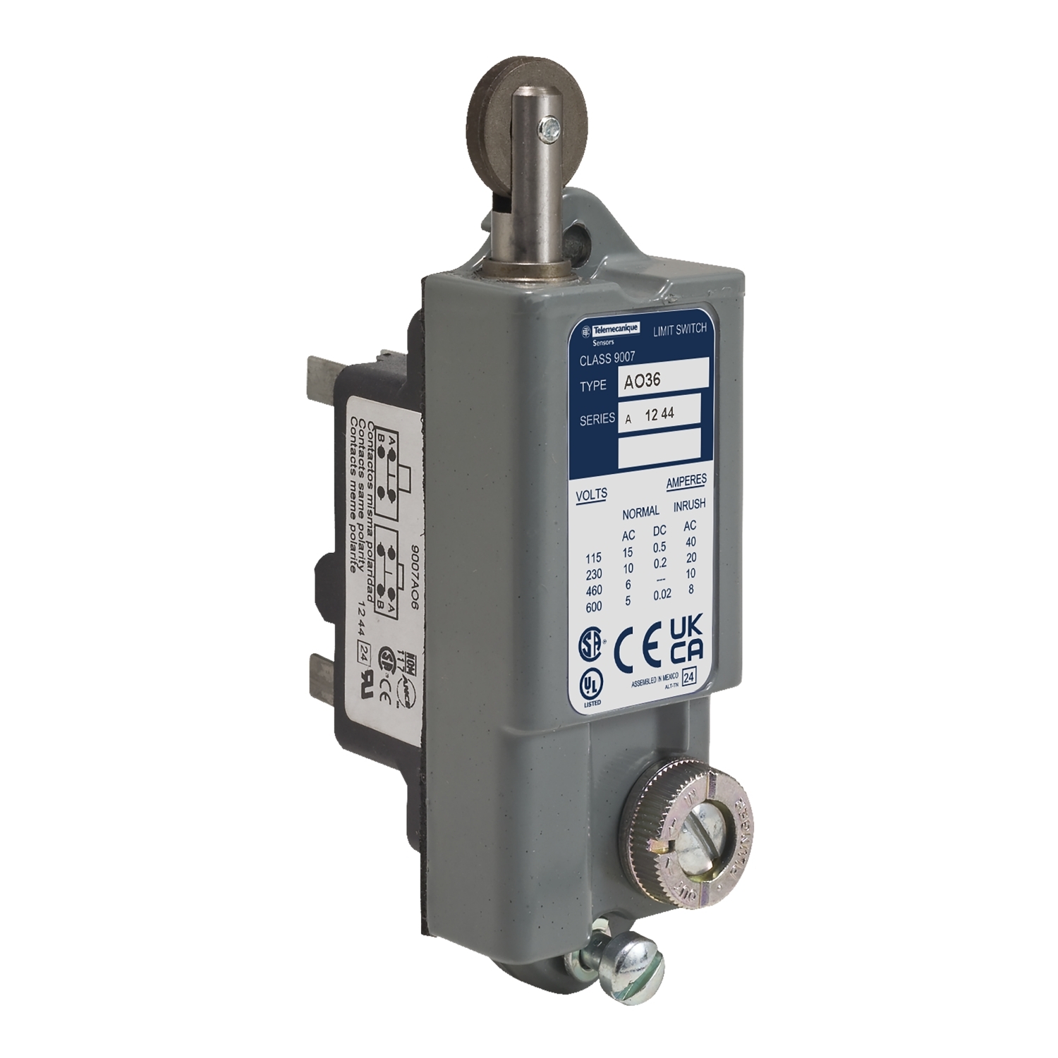 9007AO36 Heavy Duty Plunger Actuated Limit Switch, 600 V AC, 15 A, Spring Return Roller Horizontal Plunger Actuator, 1CO SPDT-DB Contact, 1 Poles
