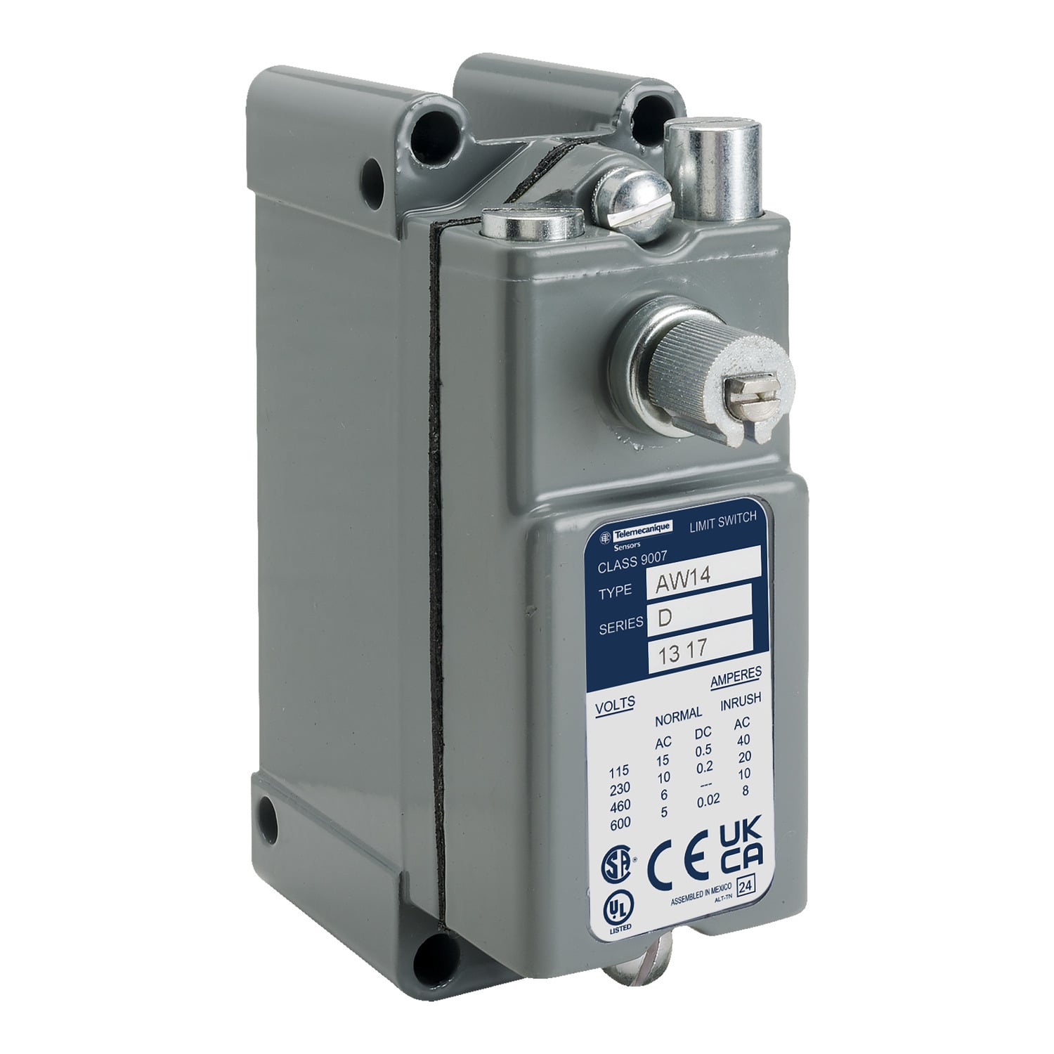 9007AW14 Heavy Duty Limit Switch, 600 V AC, 15 A, Lever Actuator, 1CO 1 Form Z SPDT-DB Contact, 1 Pole