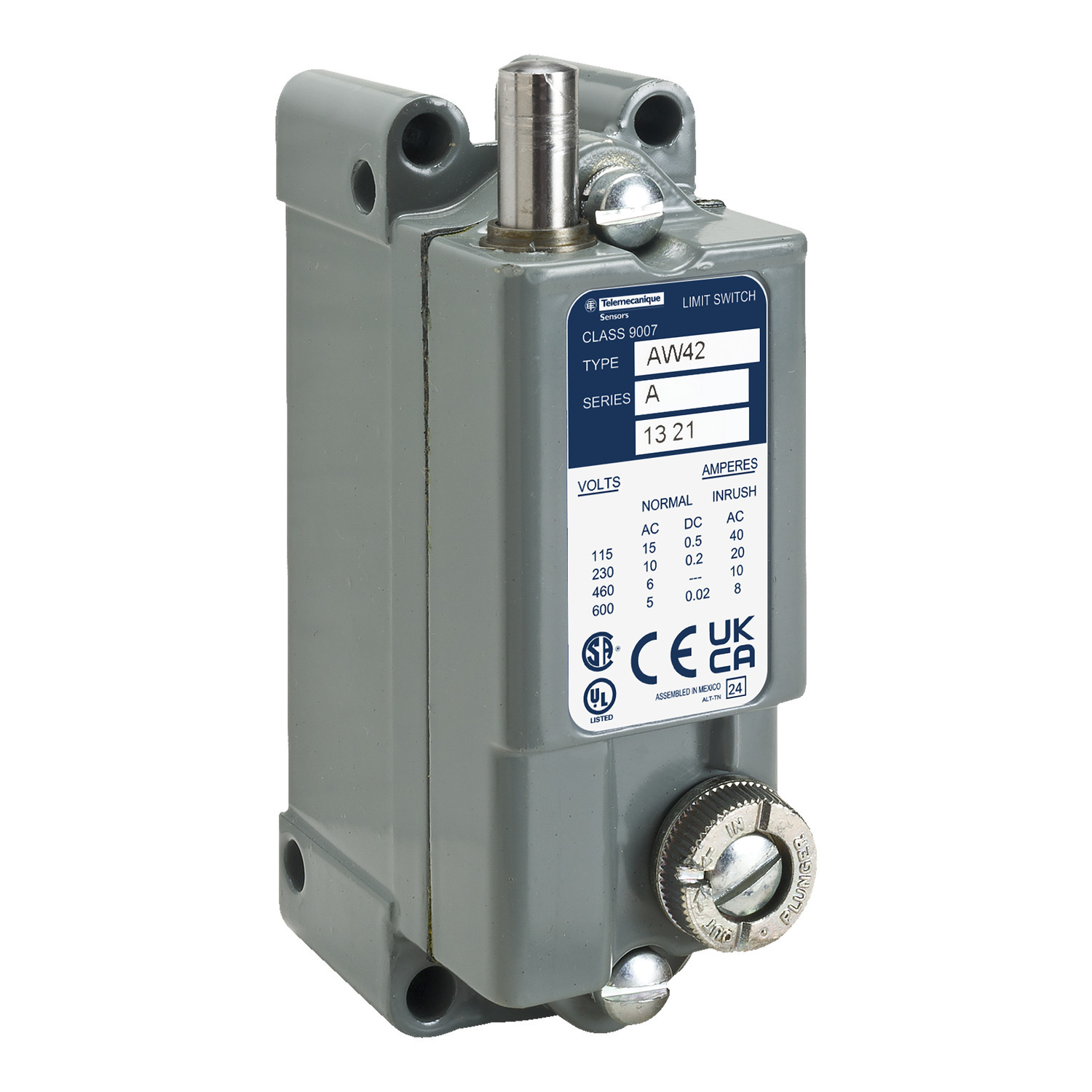 9007AW46 Heavy Duty Plug-In Limit Switch, 120/240/480/600 VAC, 125/250/600 VDC, 0.02/0.2/0.5/5/6/10/15 A, Plunger/Spring Return Push Rod With Micrometer Adjustment Actuator, 1CO 1 Form Z SPDT-DB Contact, 1 Poles