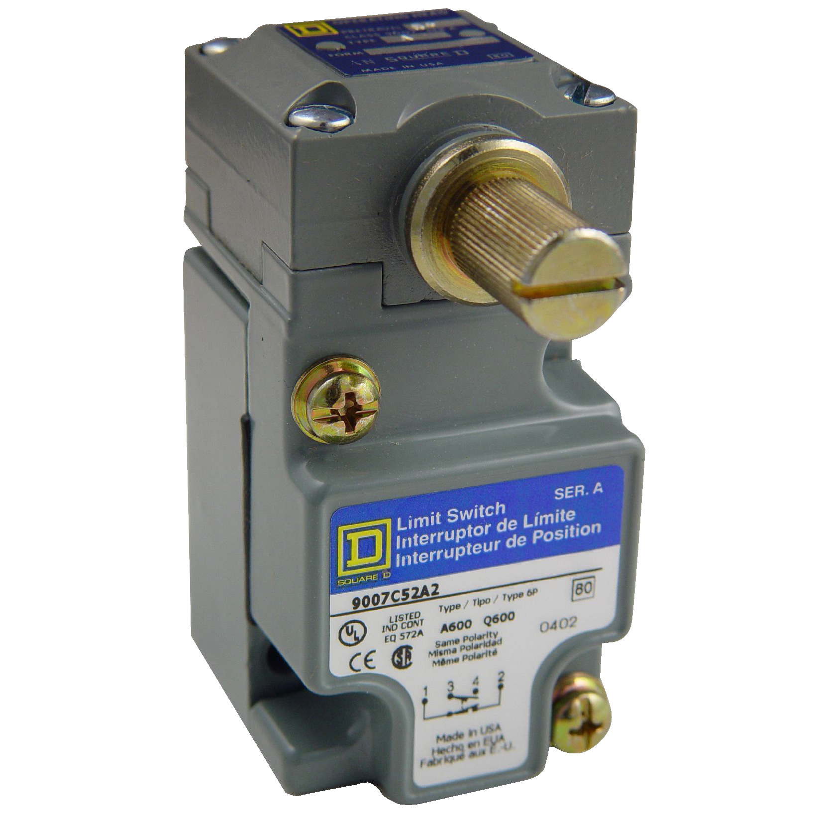 9007C52A2 Standard Actuated Limit Switch, 600 V AC, 10 A, Spring Return Lever Actuator, 1NO-1NC Contact, 1 Poles