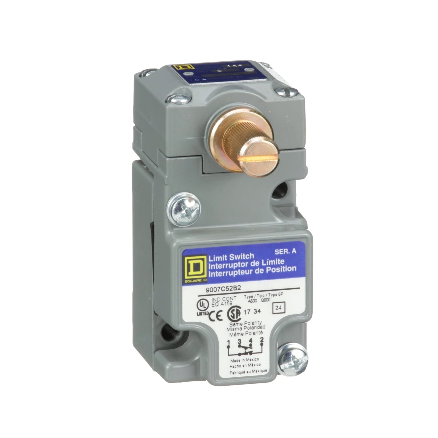 9007C52B2 Standard Rotary Actuated Limit Switch, 600 V AC/DC, 10 A, Rotary Lever Arm Actuator, 1NO-1NC Contact, 1 Poles