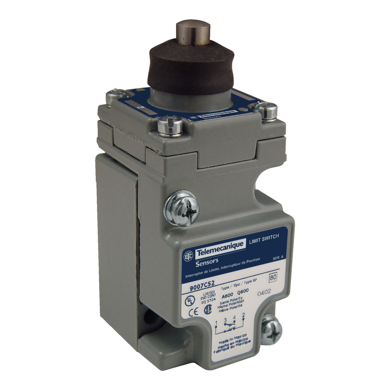 NEMA limit switch, 9007C, heavy duty, compact, steel spring return top plunger, 10A, 600V, 1NO/1NC, NEMA 4, 6P, 12, 13
