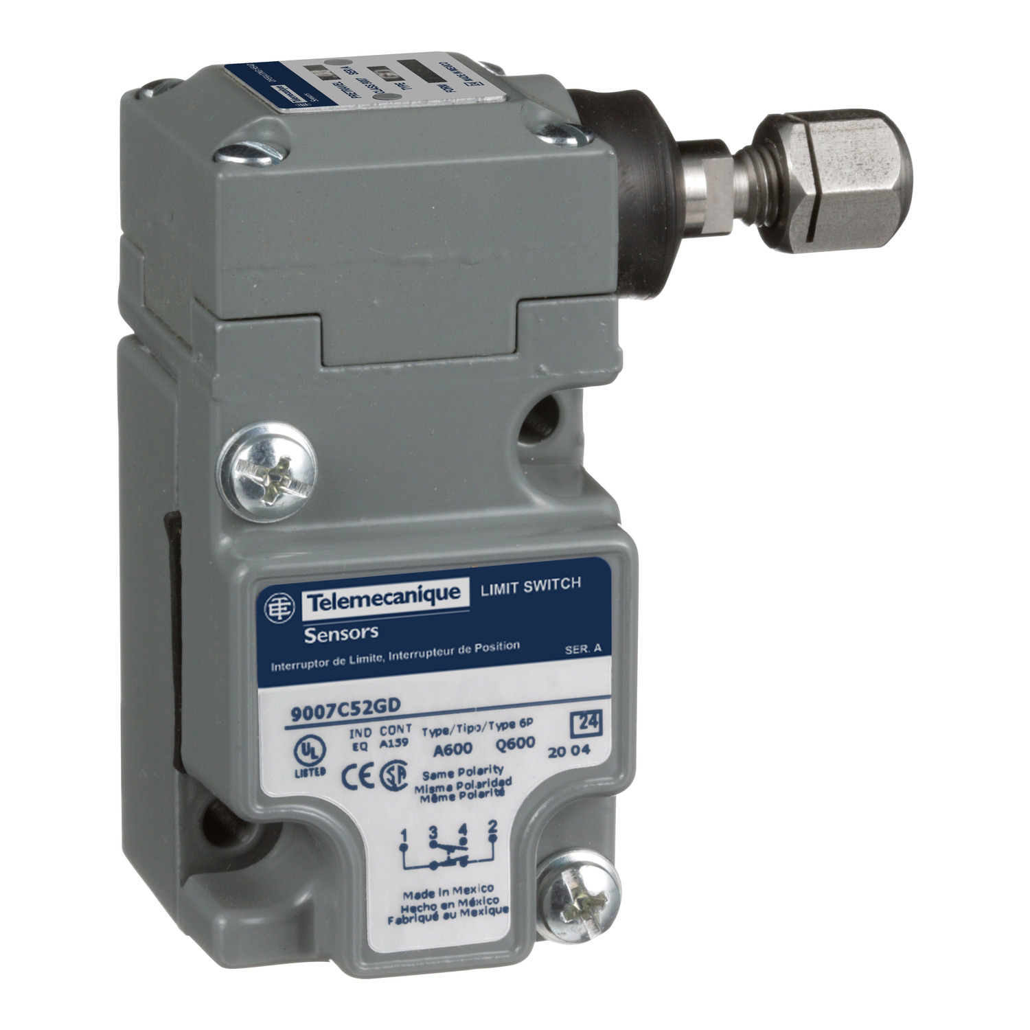 9007C52GD Compact Heavy Duty Plug-In Limit Switch, 120/240/480/600 VAC, 125/250/600 VDC, 0.1/0.27/0.55/1.2/1.5/3/6/10 A, Spring Return Side Plunger Actuator, 1CO 1 Form Z SPDT-DB Contact, 1 Poles