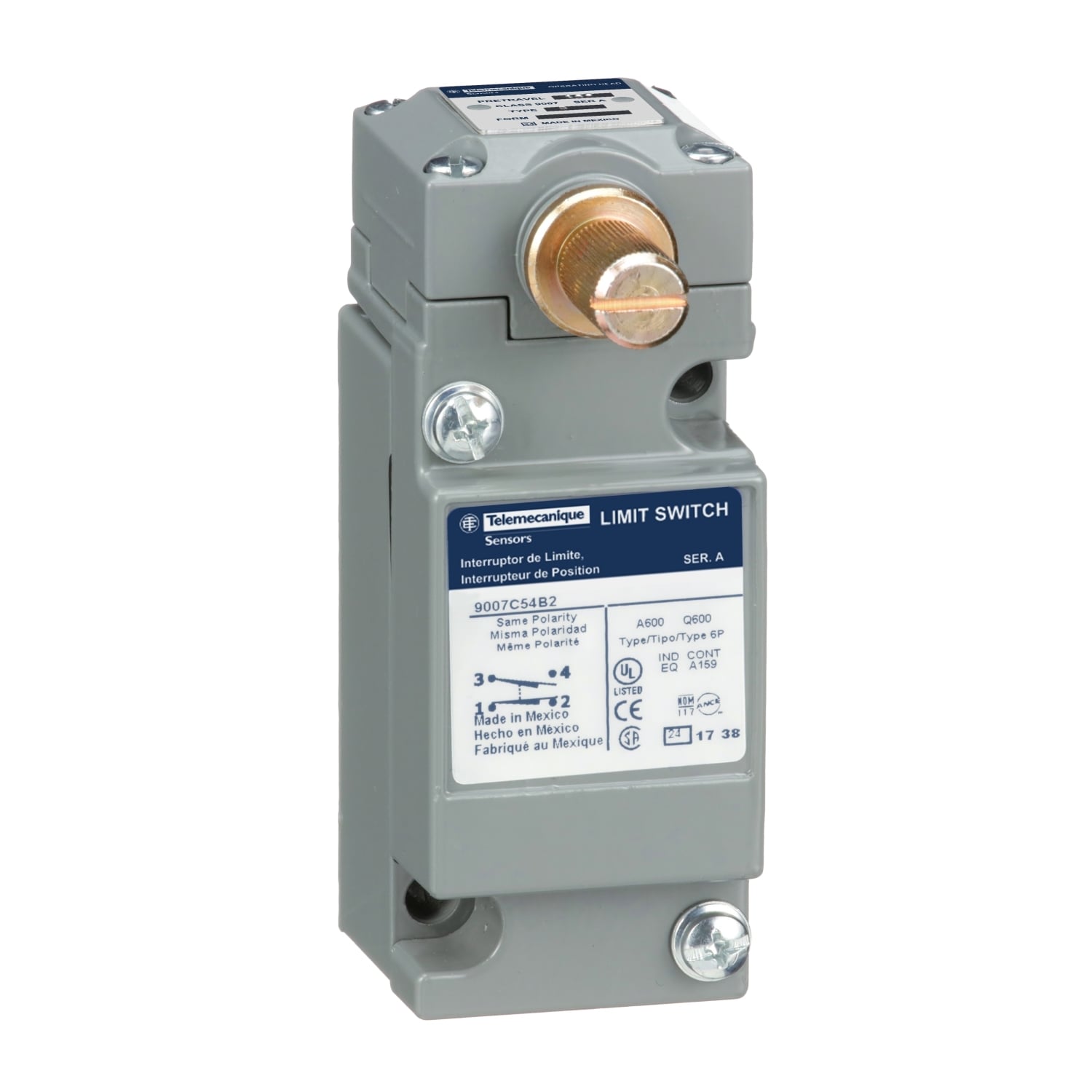 9007C54B2 Standard Rotary Actuated Limit Switch, 600 V AC/DC, 10 A, Rotary Lever Arm Actuator, 1NO-1NC Contact, 1 Poles