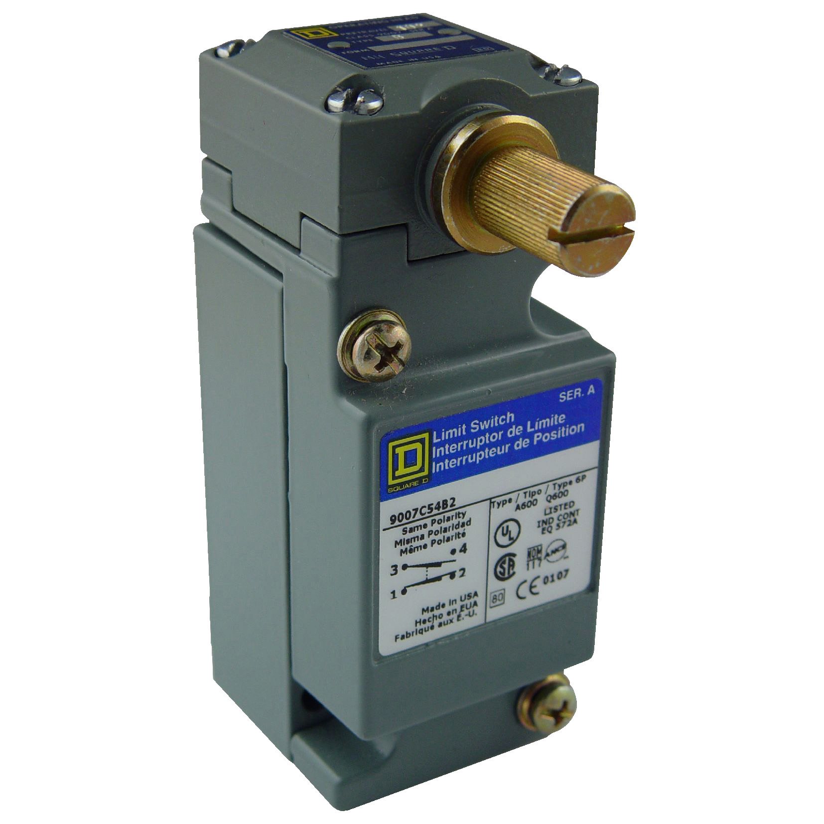 9007C54B2Y128 Heavy Duty Plug-In Limit Switch, 600 V AC, 10 A, Spring Return Lever Actuator, 1CO 1 Form Z SPDT-DB Contact, 1 Poles
