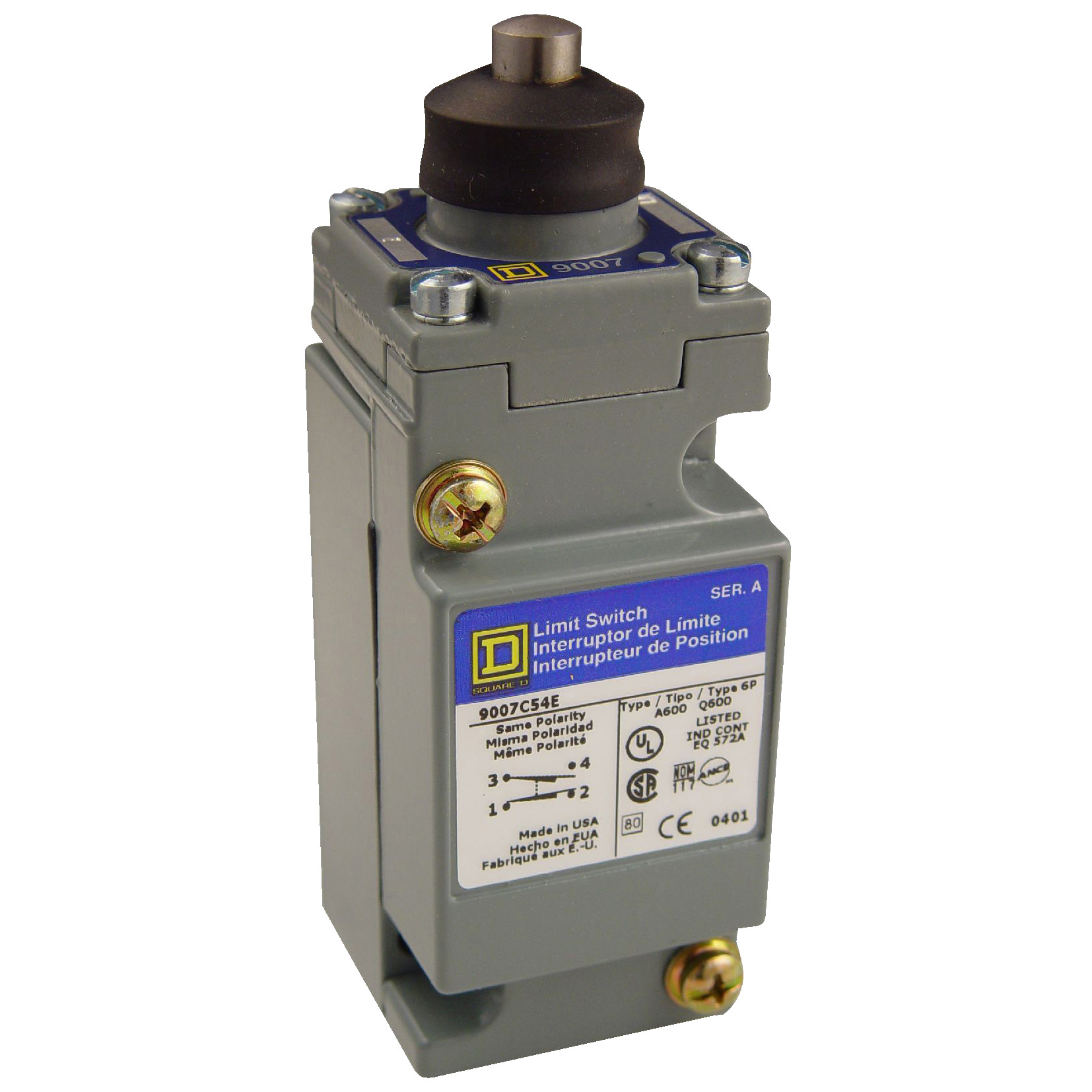 9007C54E Heavy Duty Linear Plunger Actuated Limit Switch, 600 V AC/DC, 10 A, Spring Return Plunger Actuator, 1CO SPDT-DB Contact, 1 Pole