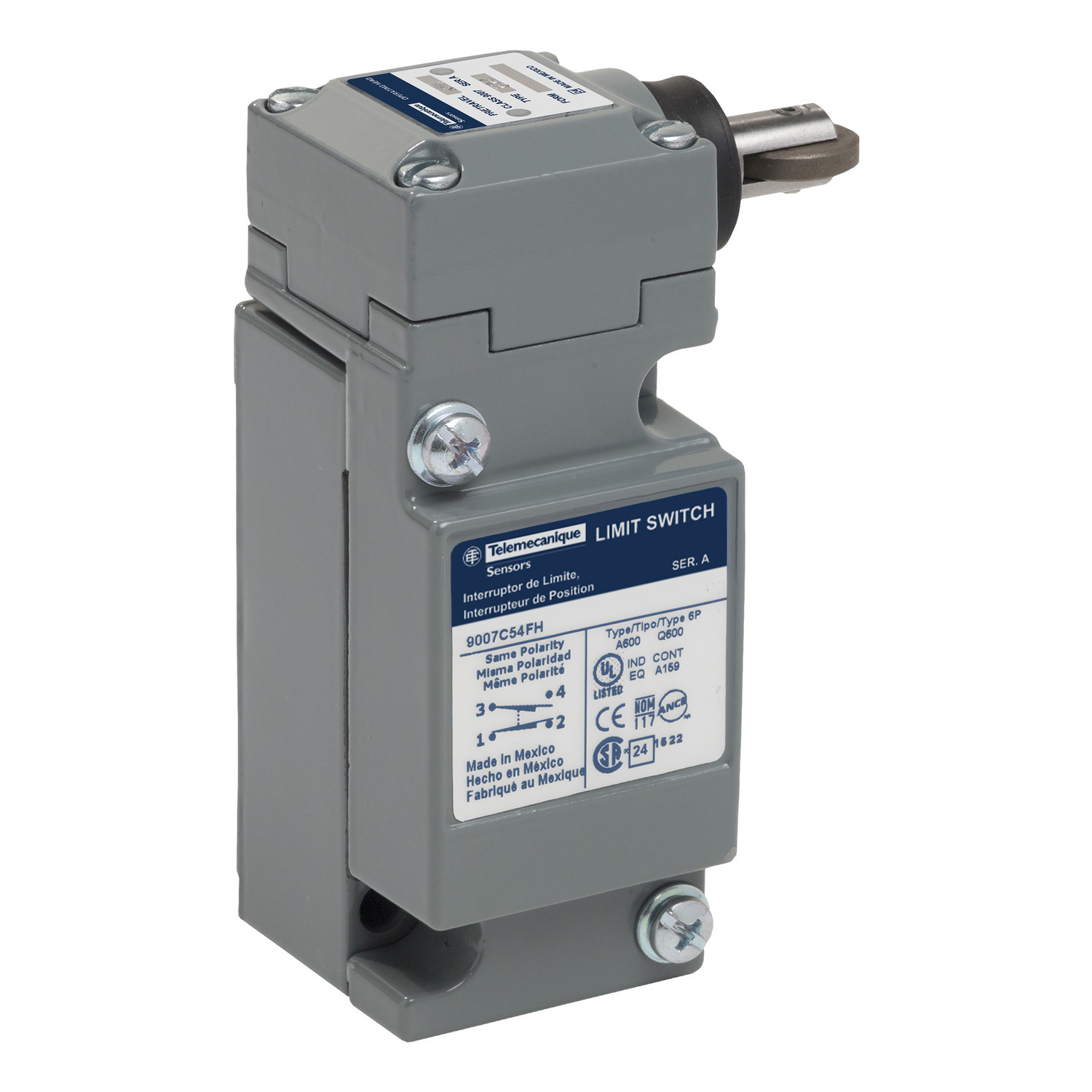 NEMA limit switch, 9007C, heavy duty, standard, steel spring return side roller plunger, 10A, 600V, 1NO/1NC, NEMA 4, 13