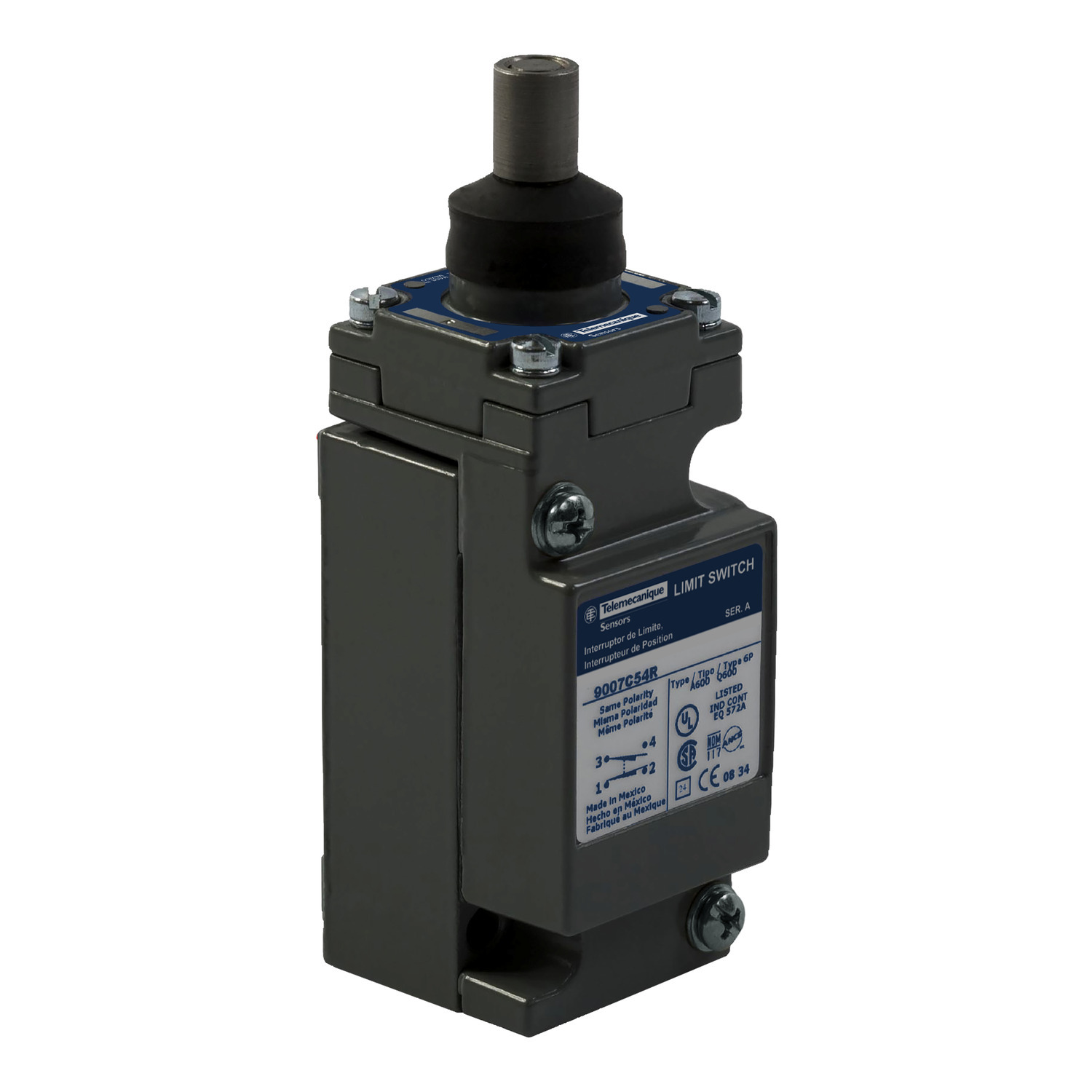 9007C54R Heavy Duty Plug-In Limit Switch, 600 V AC/DC, 10 A, Spring Return Plunger Without Operator Mashroom Button Head Actuator, 1CO 1 Form Z SPDT-DB Contact, 1 Poles