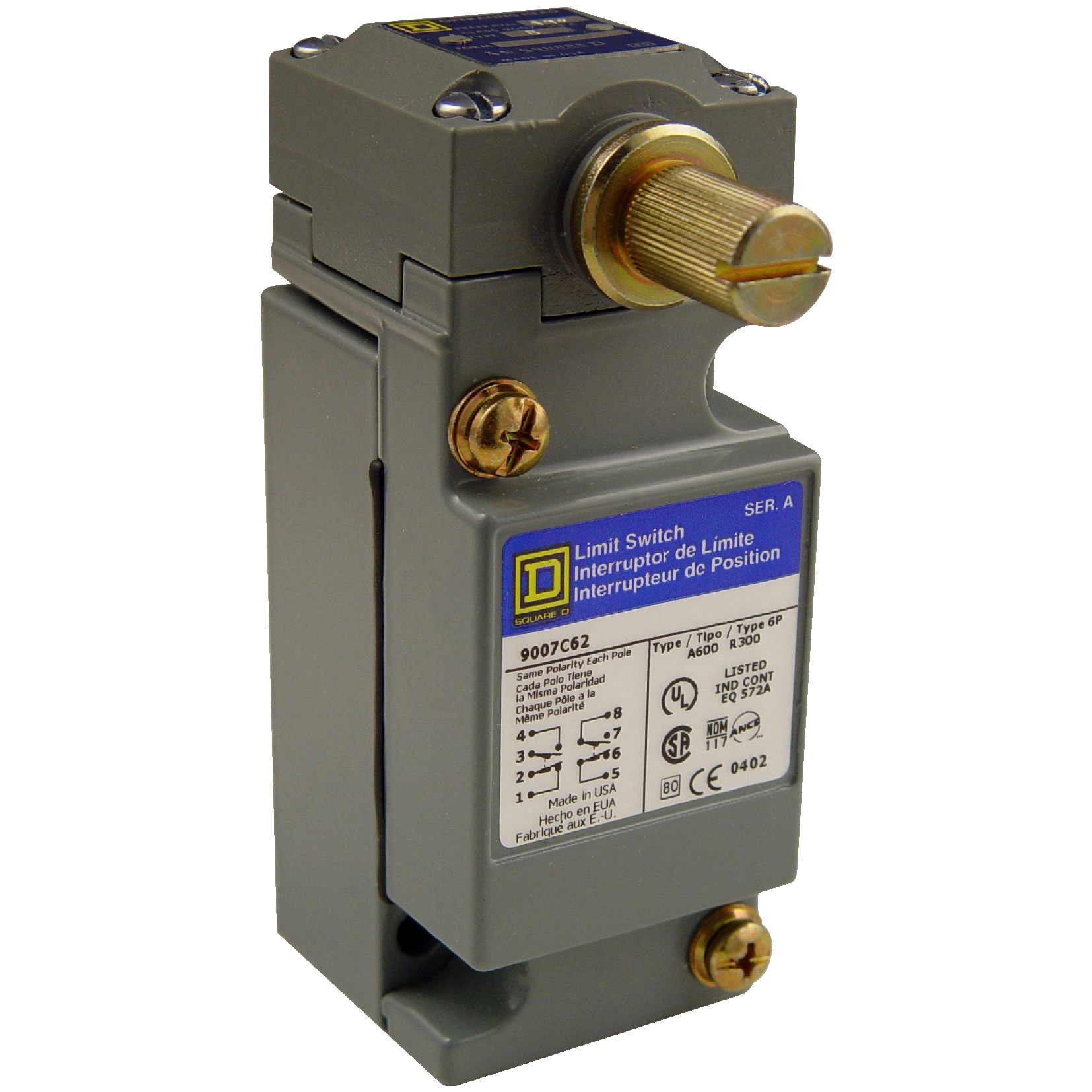 9007C62A2 Standard Actuated Limit Switch, 600 V AC, 10 A, Spring Return Lever Actuator, 2NO-2NC Contact, 2 Poles