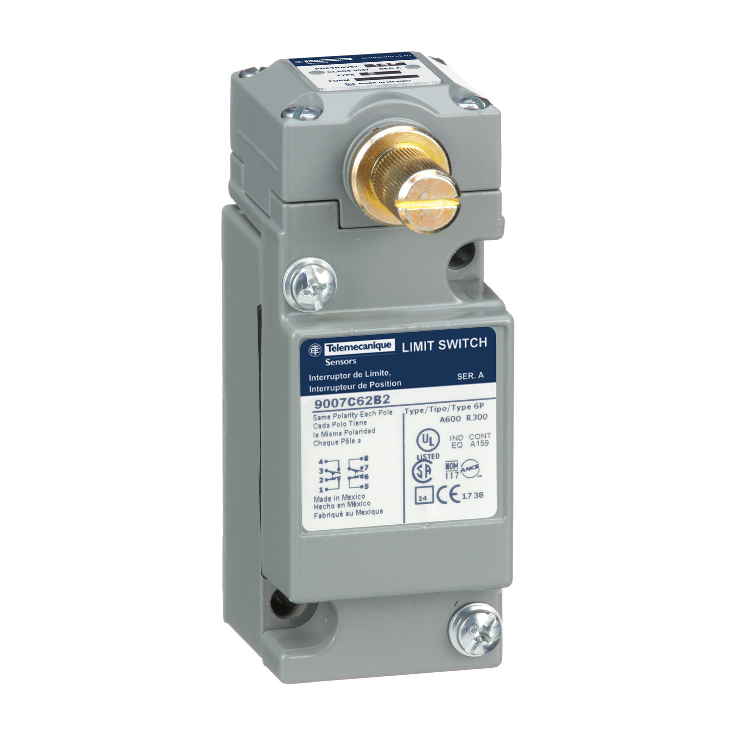 9007C62B2 Standard Rotary Actuated Limit Switch, 600 V AC, 10 A, Rotary Lever Arm Actuator, 2NO-2NC Contact, 2 Poles