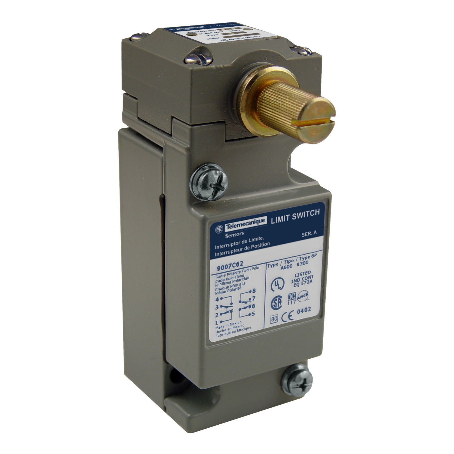 NEMA limit switch, 9007C, heavy duty, standard, spring return lever, standard pretravel, 10A, 600V, 2NO/2NC, NEMA 4, 13