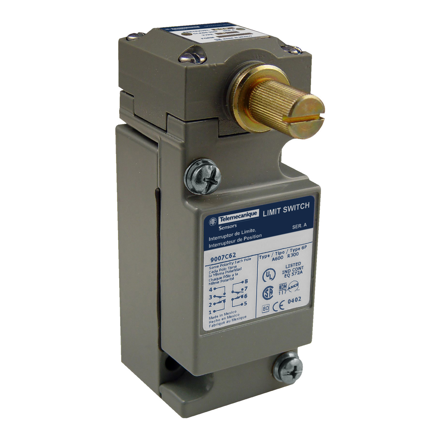 9007C62C Heavy Duty Limit Switch, 600 V AC, 10 A, Lever Actuator, 2NO-2NC DPDT-DB Contact, 2 Poles