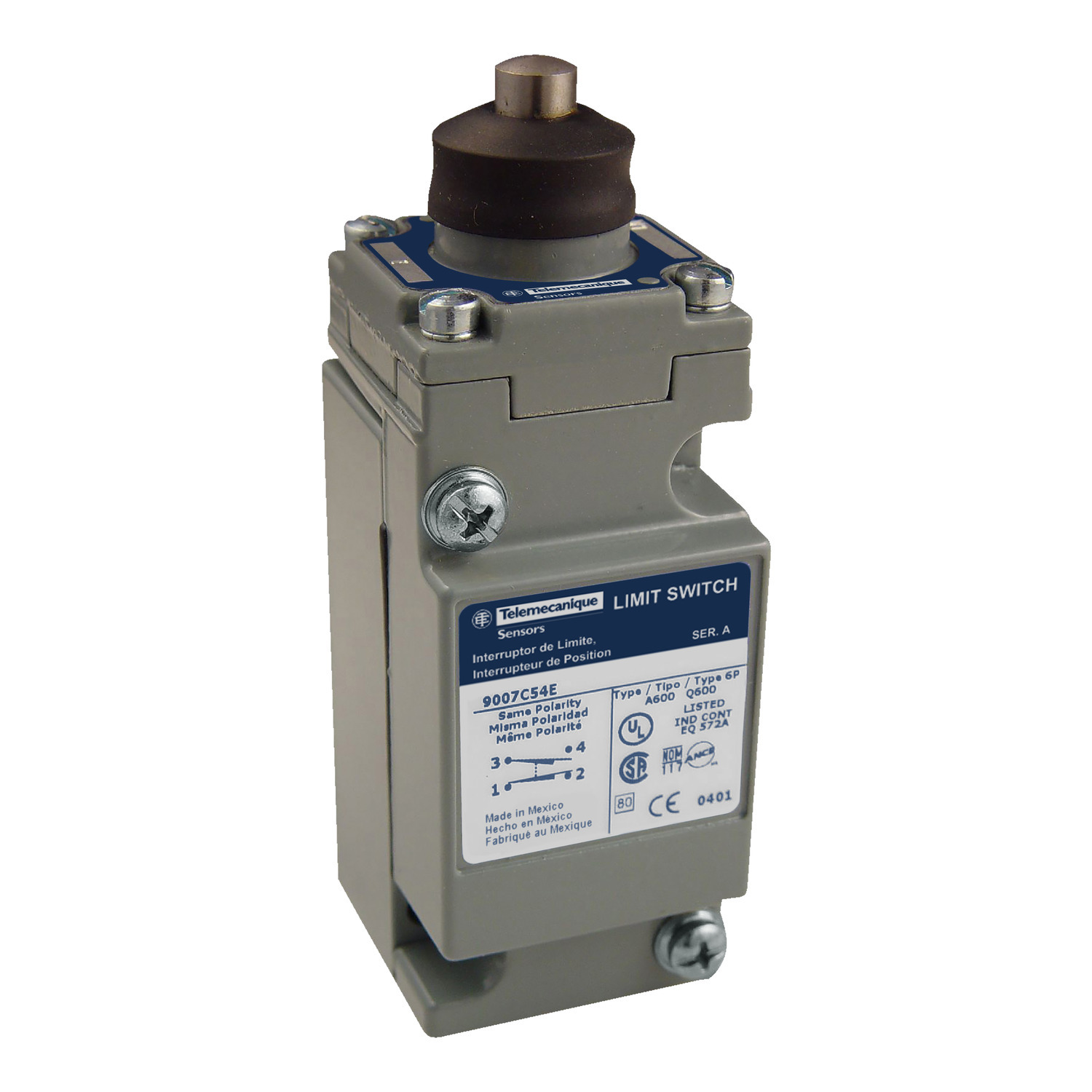 NEMA limit switch, 9007C, heavy duty, standard, steel spring return top plunger, 10A, 600V, 2NO/2NC, NEMA 4, 6P, 12, 13