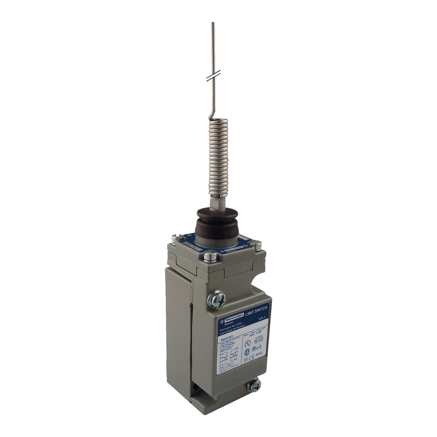 9007C62KC Heavy Duty Plug-In Limit Switch, 120/240/480/600 VAC, 125/250 VDC, 0.11/0.55/1.2/1.5/3/6/10 A, Spring Return Wobble Stick Coil Spring Extension Actuator, 2NO-2NC 2 Form Z DPDT-DB Contact, 2 Poles