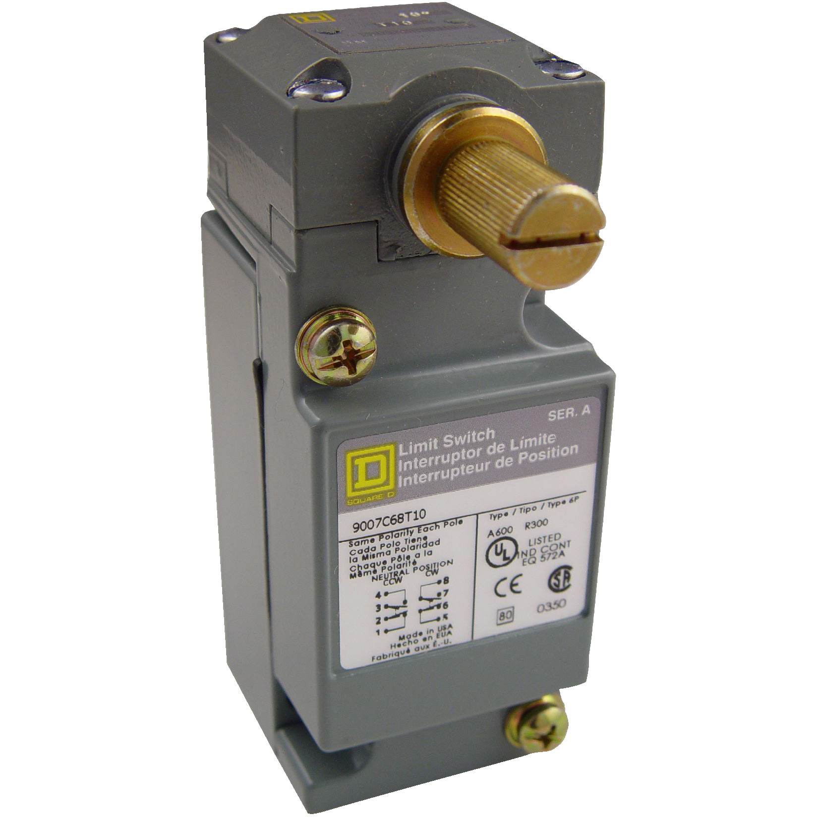 9007C68T5 Standard Actuated Limit Switch, 600 V AC, 10 A, Spring Return Lever Actuator, 2NO-2NC Contact, 2 Poles