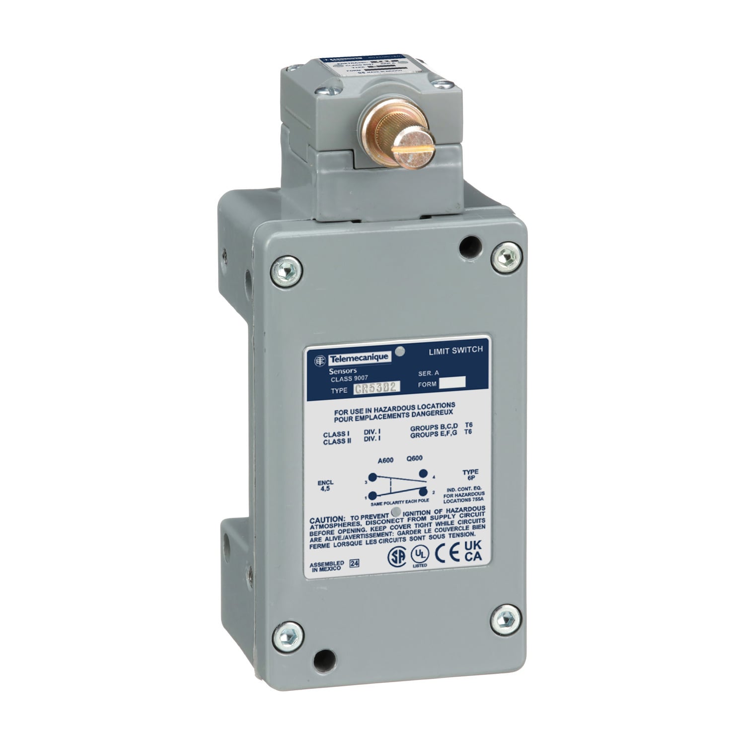 limit switch, 9007C, rotary lever arm head, standard pretravel, spring return, 1 NO and 1 NC, NEMA 7 and 9