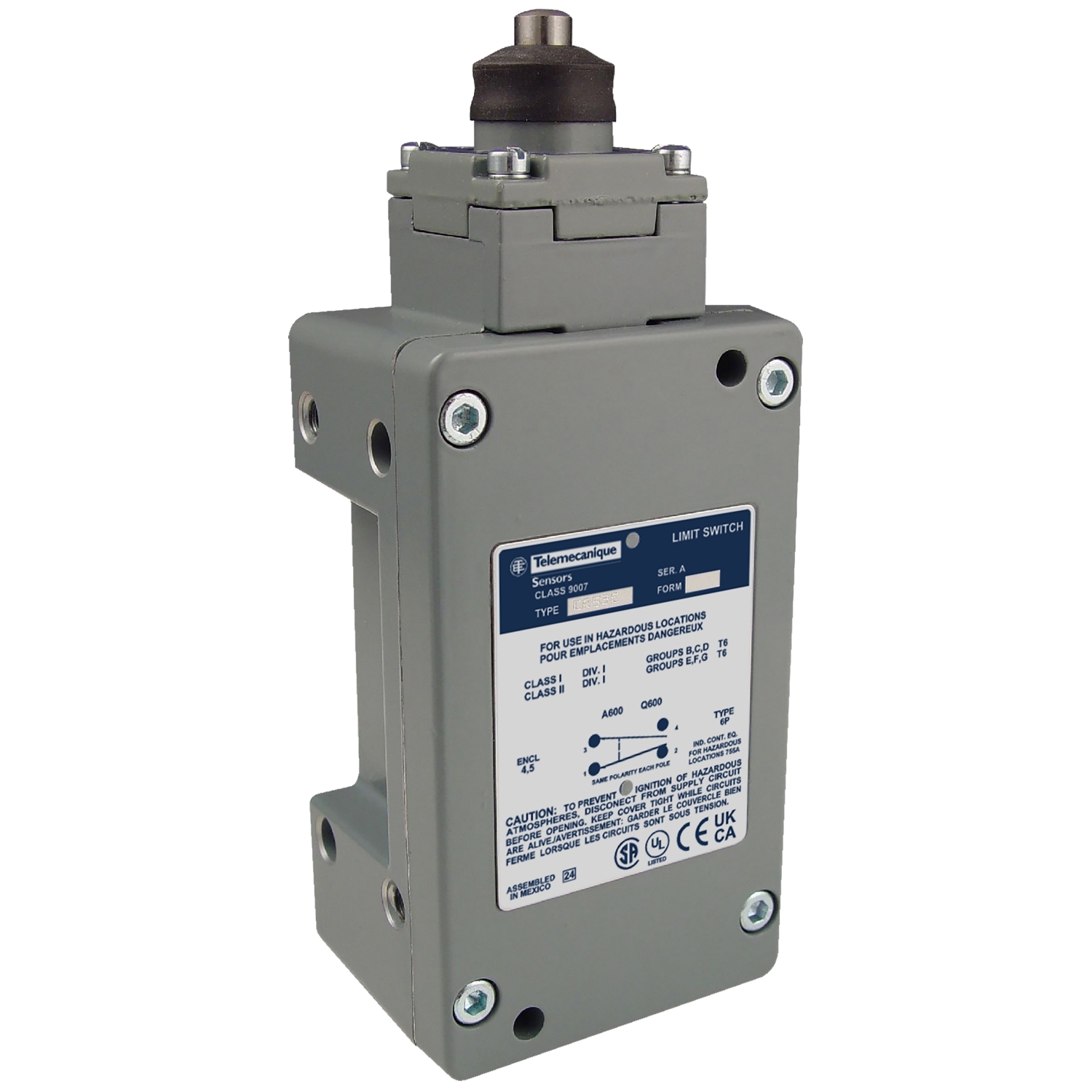 9007CR53E Fixed Heavy Duty Plunger Actuated Limit Switch, 120/240/480/600 VAC, 125/250/600 VDC, 0.1/0.27/0.55/1.2/1.5/3/6/10 A, Spring Return Plunger Actuator, 1NO-1NC Contact, 1 Poles