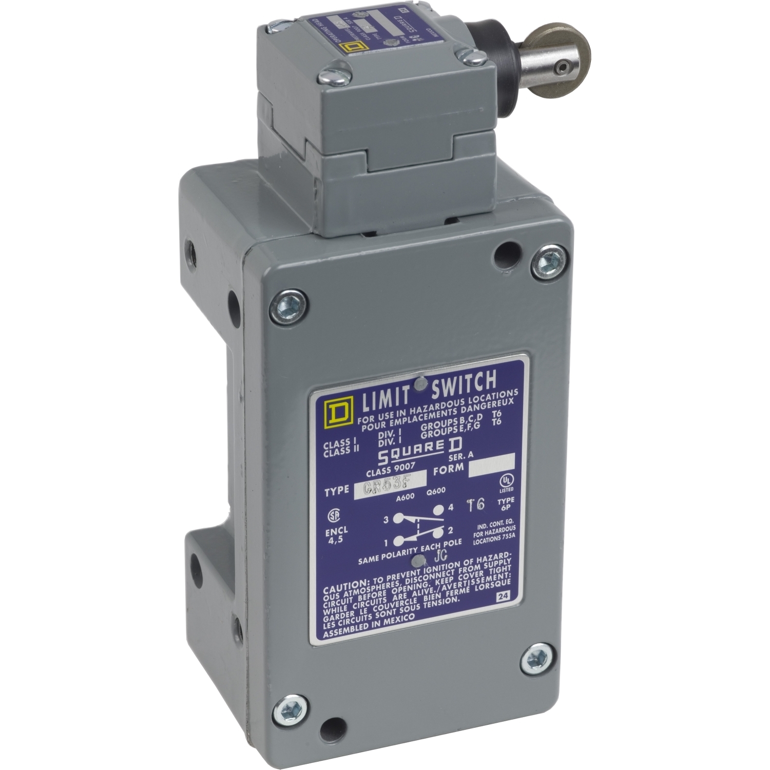 9007CR53F Fixed Heavy Duty Plunger Actuated Limit Switch, 600 V AC, 10 A, Side Roller Plunger Vertical Actuator, 1NO-1NC Contact, 1 Poles