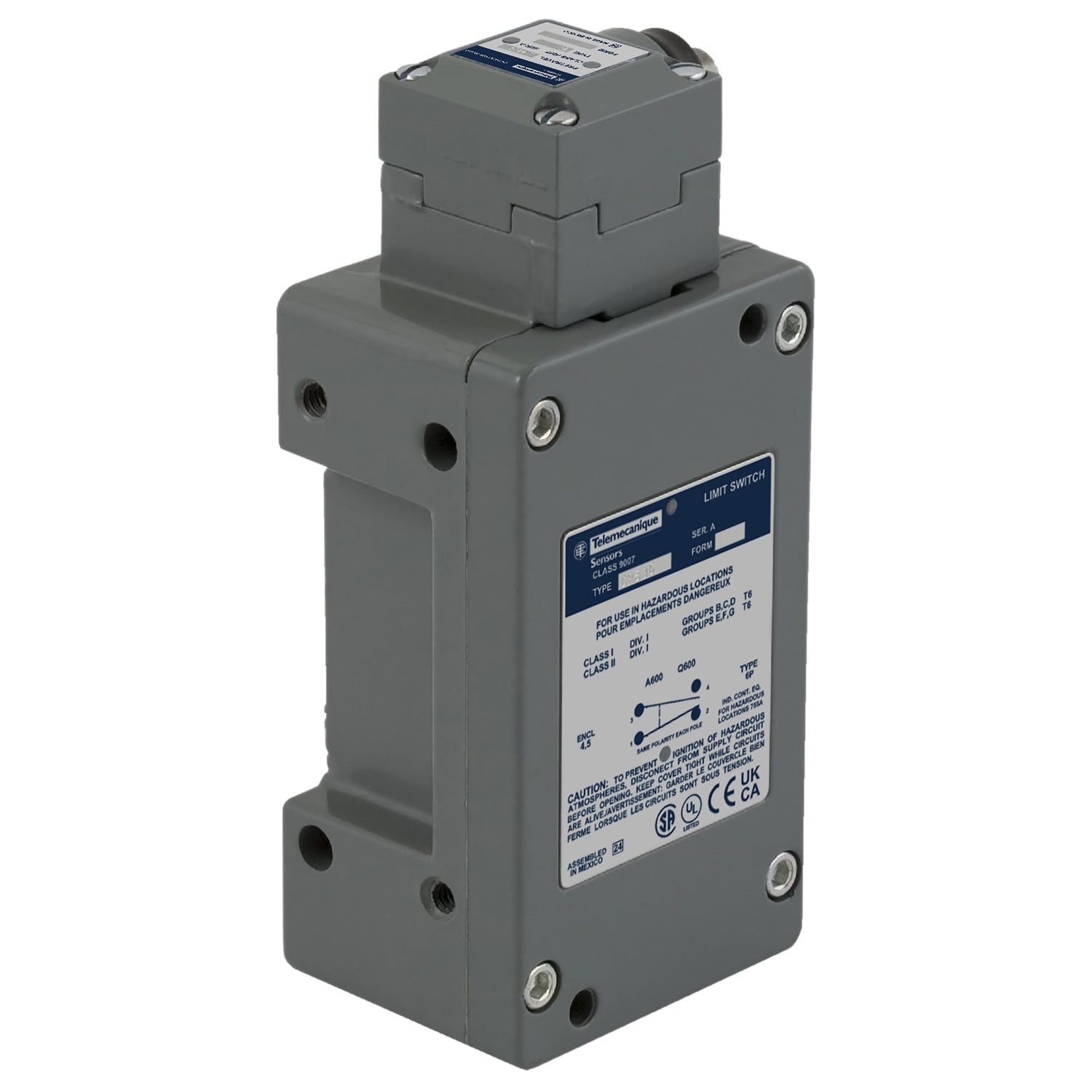9007CR53G Heavy Duty Limit Switch, 600 V, 10 A, Side Plunger Actuator, 1CO 1 Form Z SPDT-DB Contact, 1 Pole