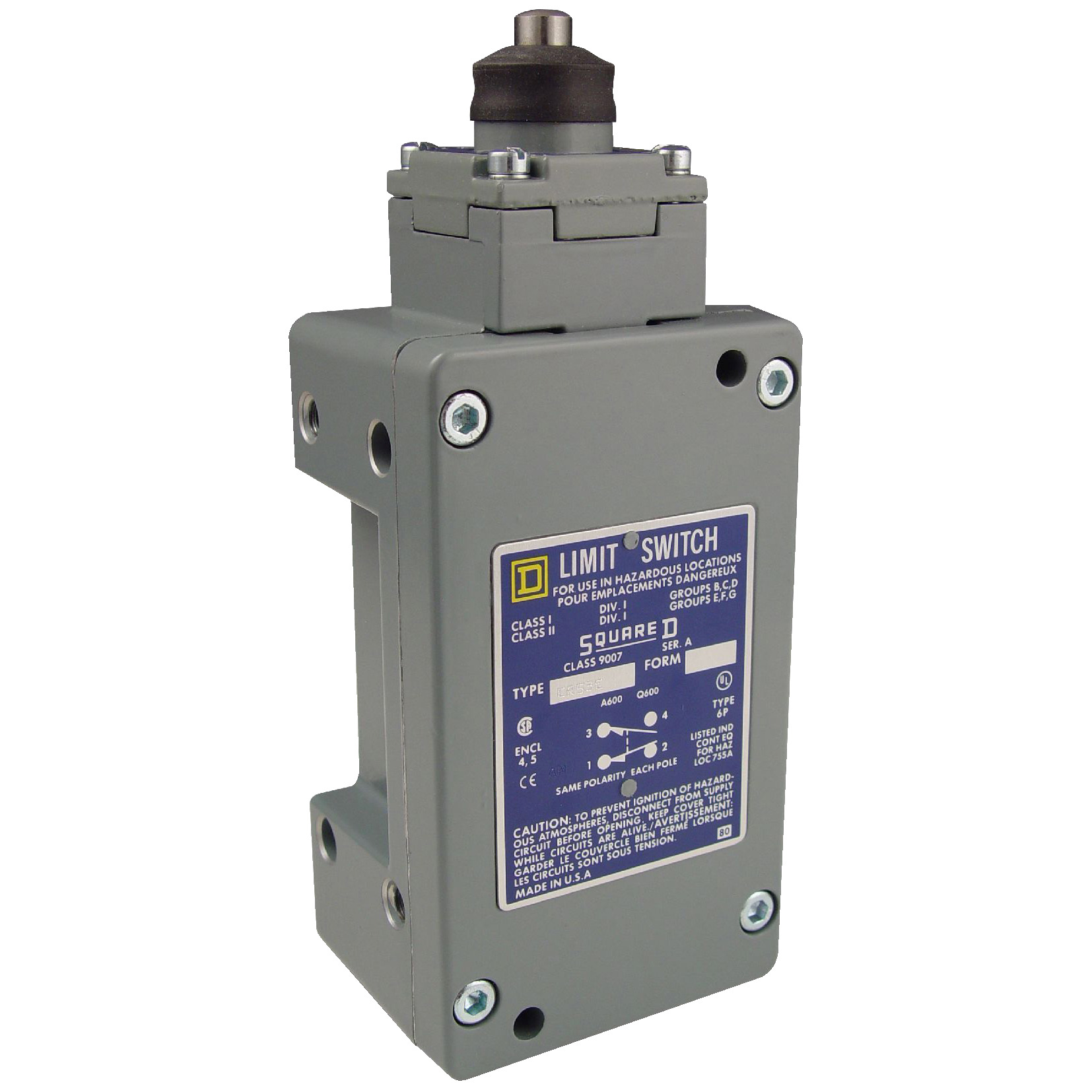 9007CR61E Heavy Duty Limit Switch, 600 V, 10 A, 2NO-2NC 2 Form Z DPDT-DB Contact, 2 Poles