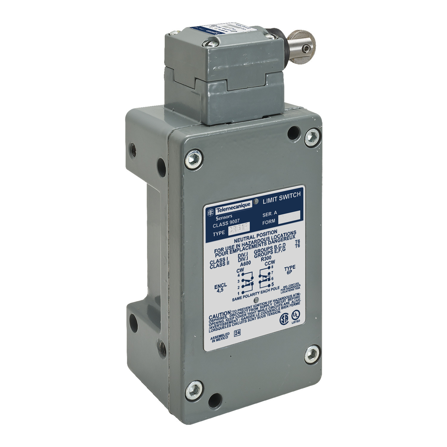 9007CR61F Heavy Duty Limit Switch, 600 V, 10 A, Side Roller Plunger Actuator, 2NO-2NC 2 Form Z DPDT-DB Contact, 2 Poles