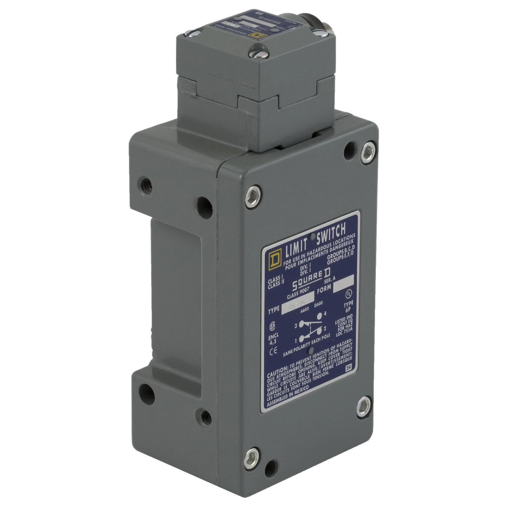 9007CR61GD Heavy Duty Limit Switch, 600 V, 10 A, Side Plunger Actuator, 2NO-2NC 2 Form Z DPDT-DB Contact, 2 Poles