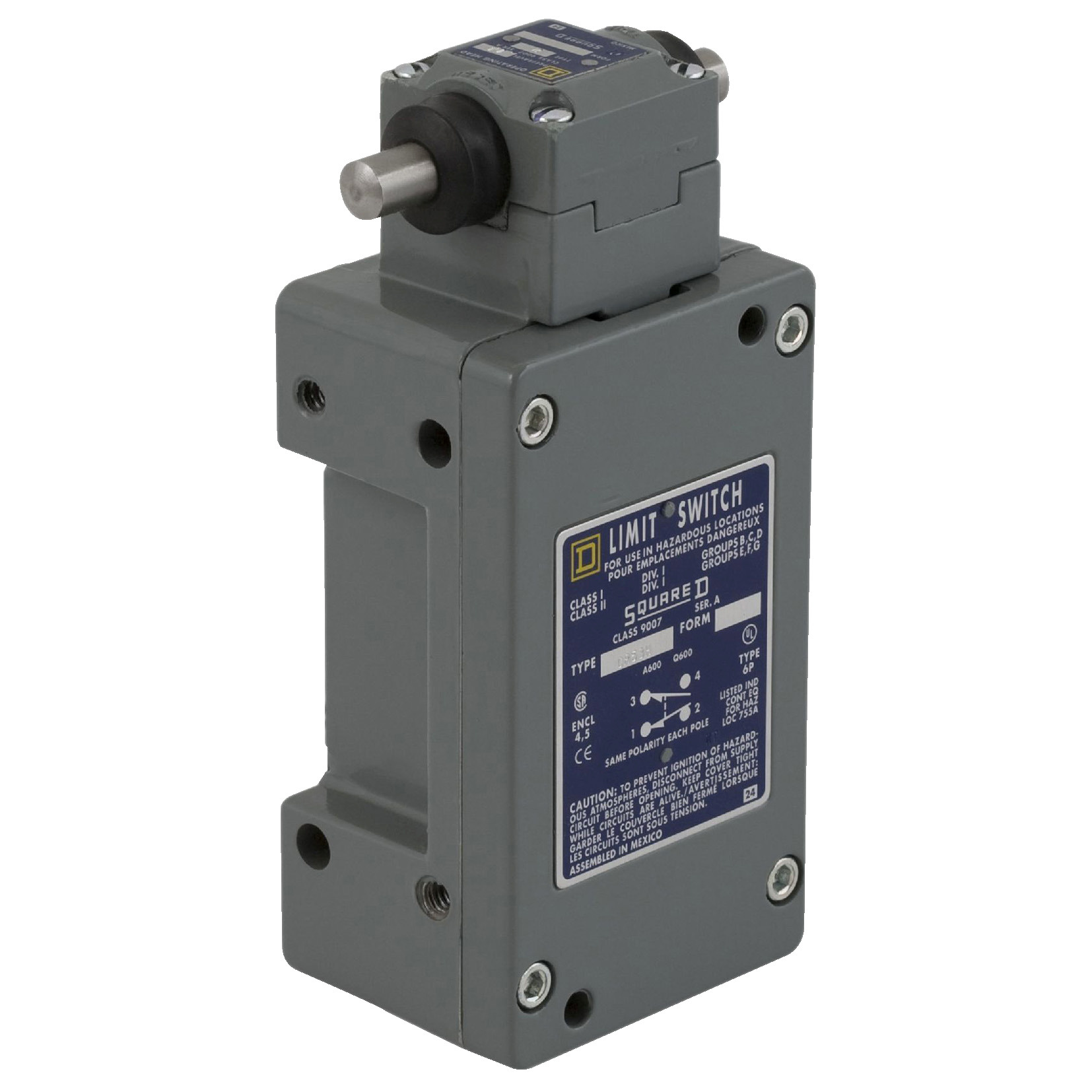 9007CR61H Heavy Duty Limit Switch, 600 V, 10 A, Side Plunger Actuator, 2NO-2NC 2 Form Z DPDT-DB Contact, 2 Poles