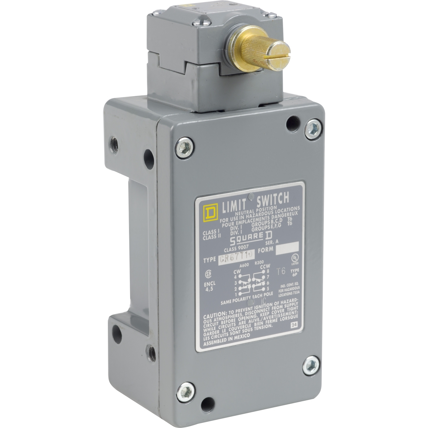 NEMA limit switch, 9007C, heavy duty, standard, neutral position, spring return lever head, 10A, 600V, 2NO/2NC, NEMA 7/9