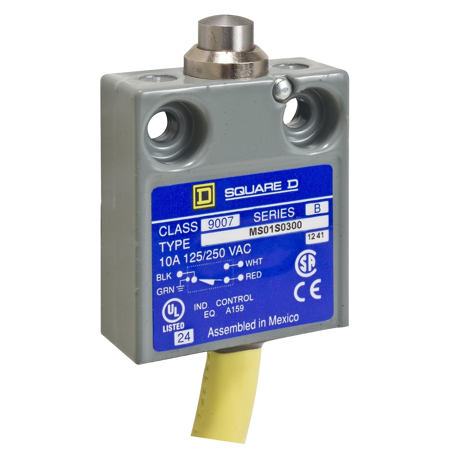 9007MS01S0200 9007MS/ML Miniature Potted Linear Plunger Actuated Limit Switch, 240 V AC/28 V DC, 10 A, Spring Return Plunger Actuator, 1CO SPDT Contact, 1 Pole