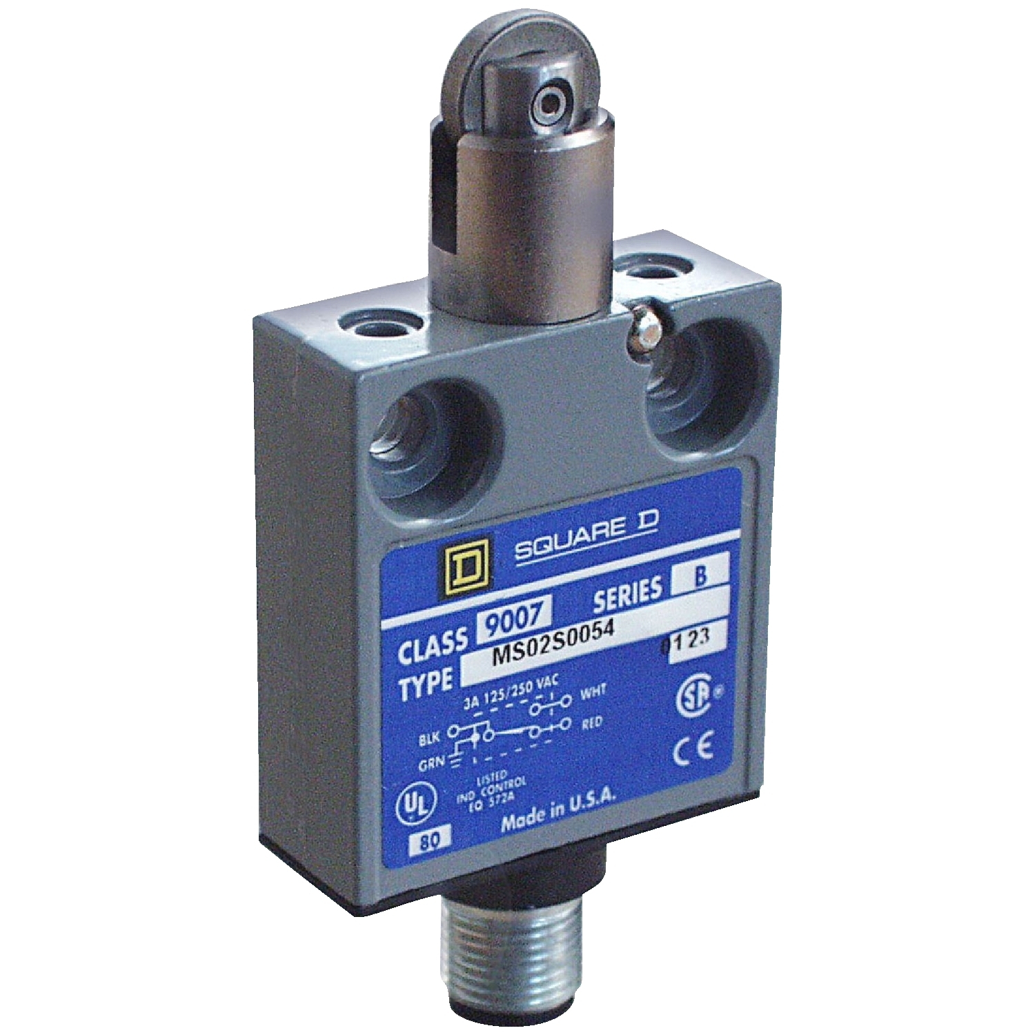 9007MS02G0100 Fixed Miniature Potted Limit Switch, 240 V AC/28 V DC, 30/100 mA, Parallel Roller Plunger Spring Return Actuator, 1CO 1 Form C SPDT Contact, 1 Pole