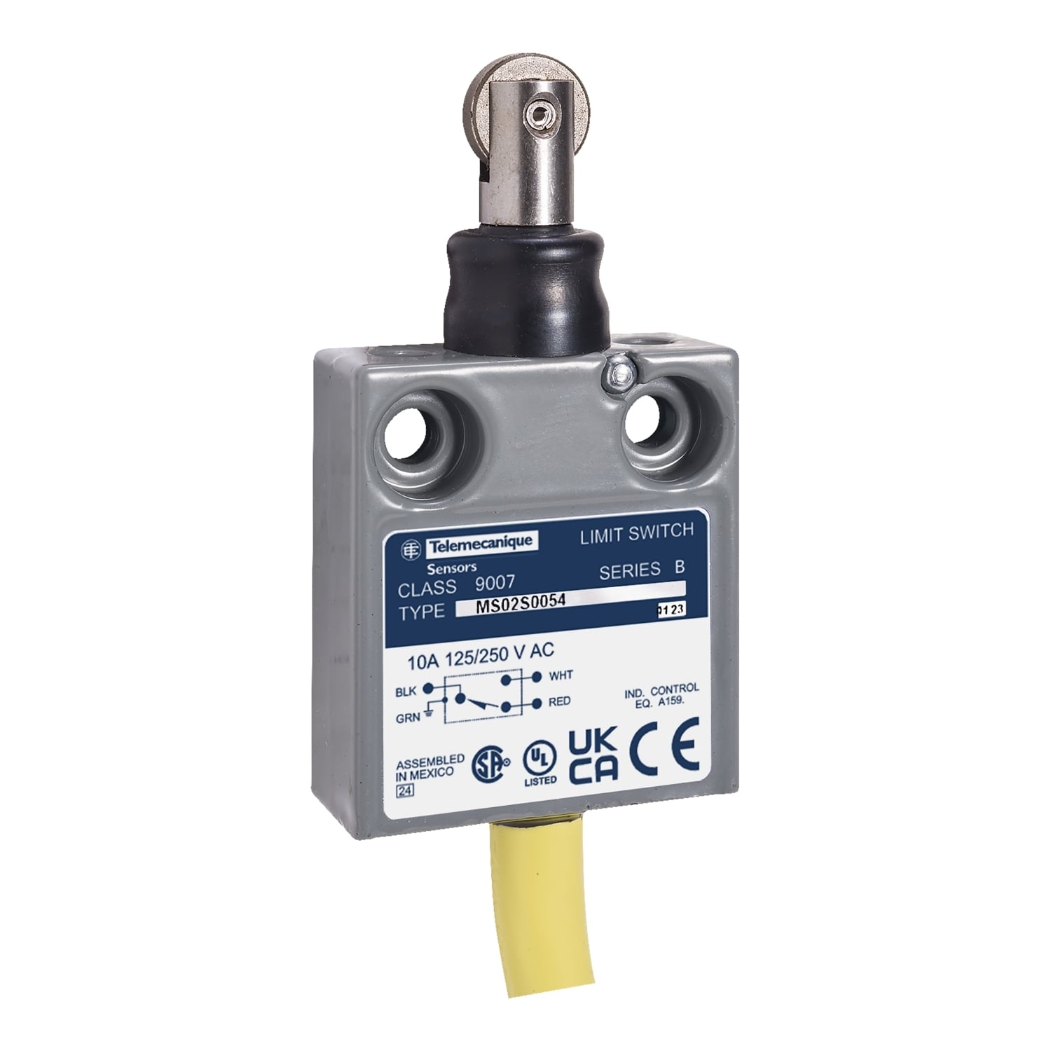 9007MS02S0102 Miniature Potted Limit Switch, 240 V AC/28 V DC, 10 A, Roller Horizontal/Parallel Actuator, 1CO 1 Form C SPDT Contact, 1 Poles