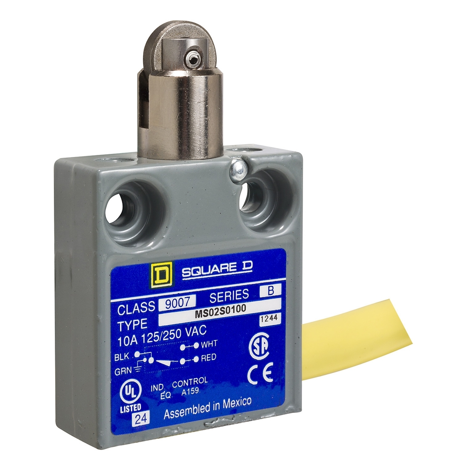 Limit switch, 9007MS, miniature, parallel roller plunger, 10A at 240VAC, 1NO/1NC, 6 feet of cable, side, NEMA 4, 6P, 13