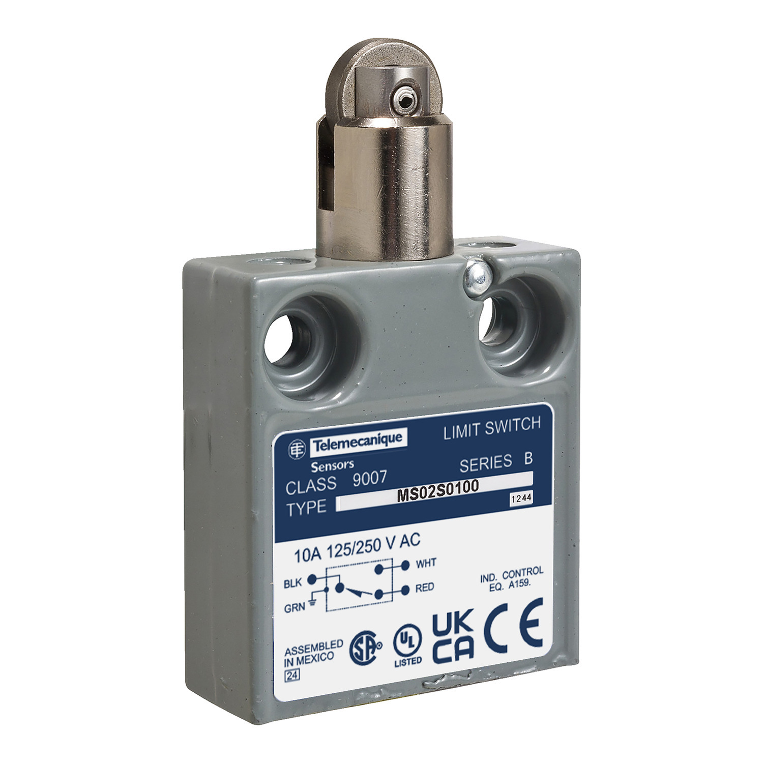 9007MS02S0402 Miniature Potted Fixed Limit Switch, 240 V AC, 10 A, Parallel Roller Plunger Spring Return Actuator, 1NO-1NC Contact, 1 Poles