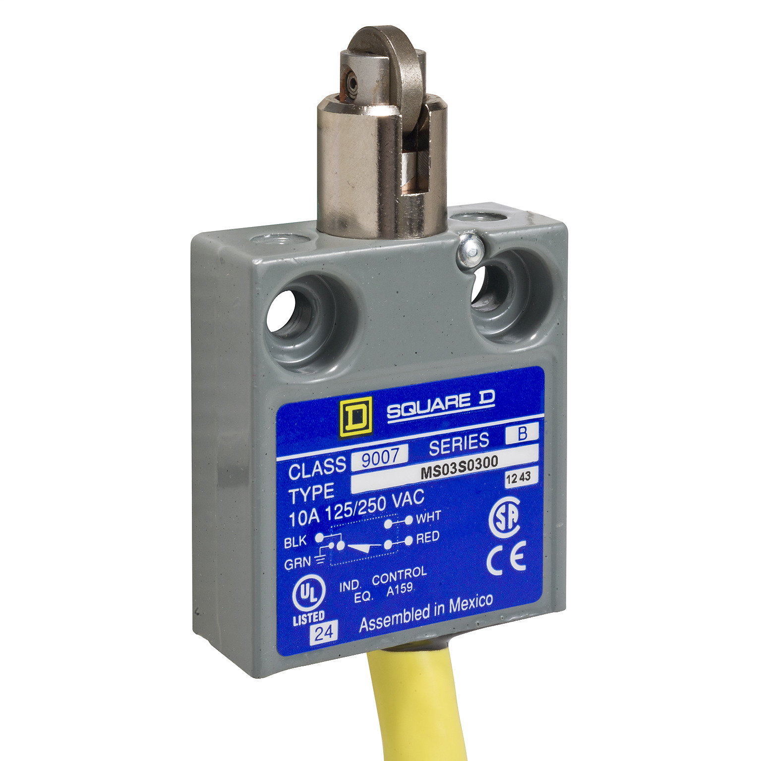 9007MS03G0200 Miniature Potted Limit Switch, 240 VAC/28 VDC, 10 A, Cross Roller Plunger Actuator, 1CO 1 Form C SPDT Contact, 1 Pole