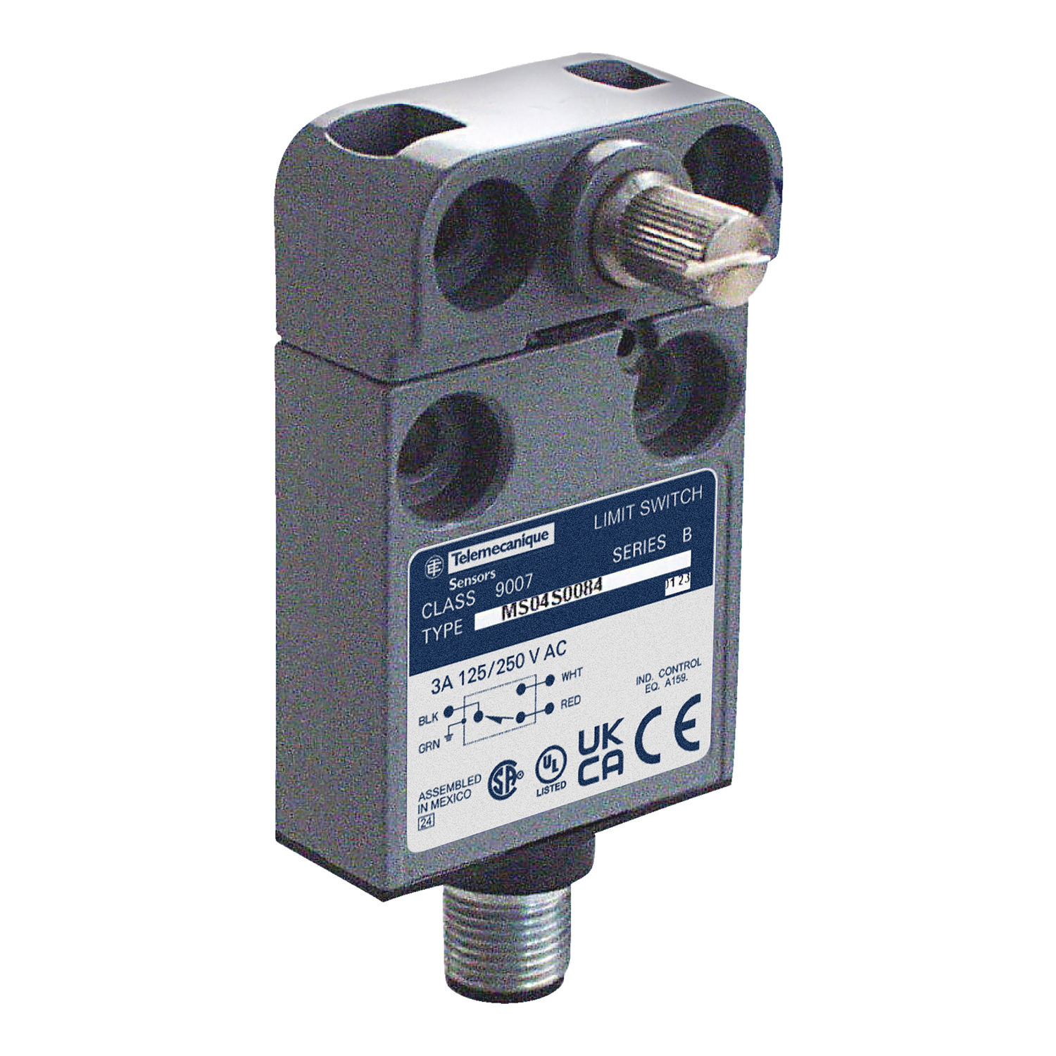9007MS04S0084 Osisense 9007 Miniature Potted Fixed Limit Switch, 240 V AC/28 V DC, 3 A, Spring Return Lever Arm Actuator, 1CO SPDT Contact, 1 Poles