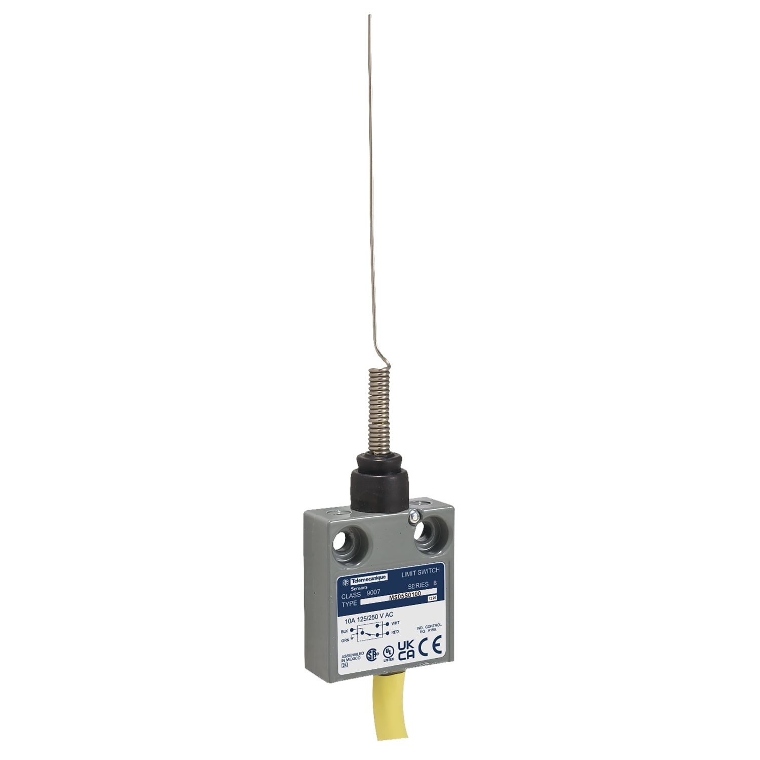 9007MS05S0100 Heavy Duty Miniature Potted Limit Switch, 240 V AC/28 V DC, 10 A, Cat Whisker Any Direction Actuator, 1CO 1 Form C SPDT Contact, 1 Pole