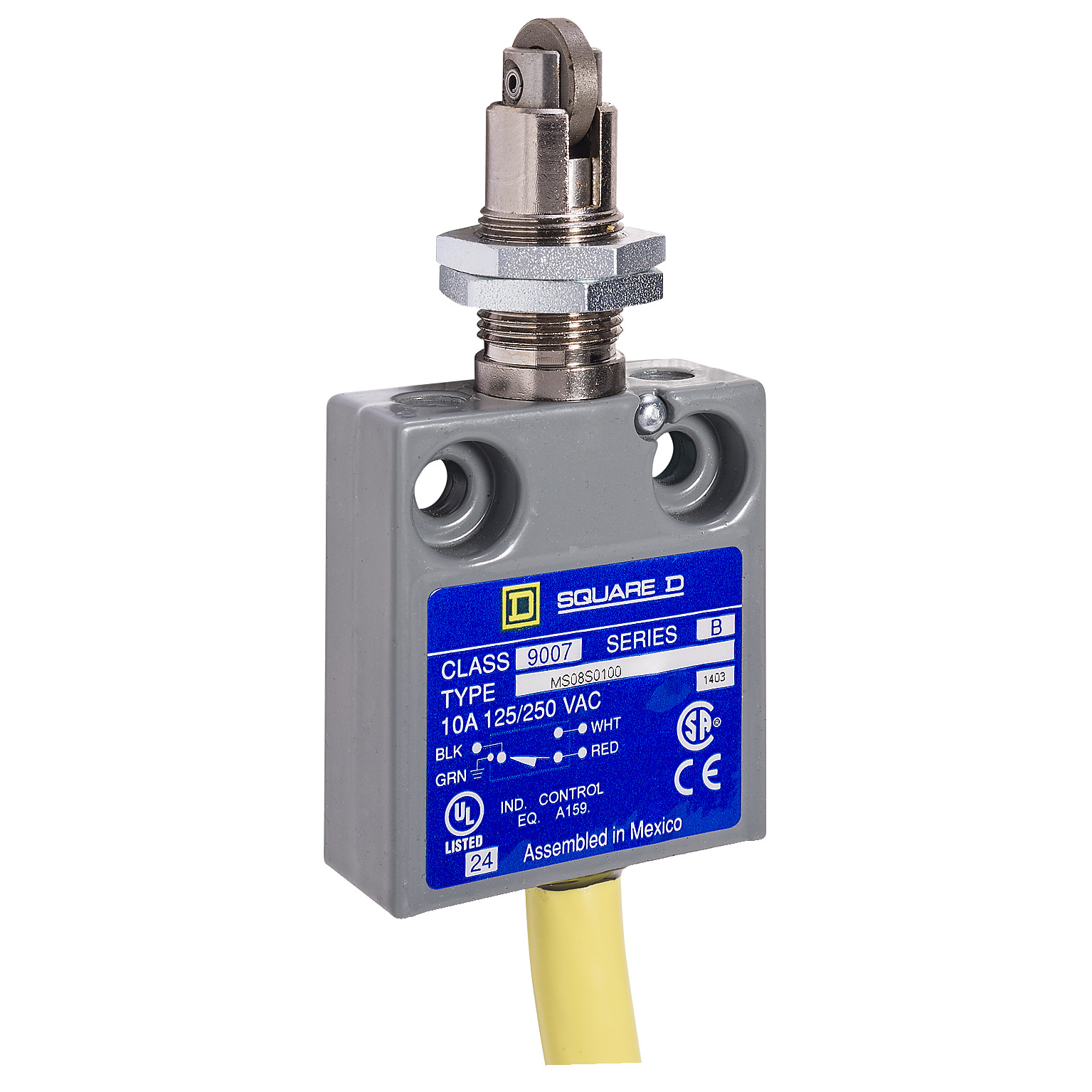 9007MS08S0100 Miniature Potted Limit Switch, 240 VAC/28 VDC, 10 A, Cross Roller Plunger Actuator, 1CO 1 Form C SPDT Contact, 1 Pole