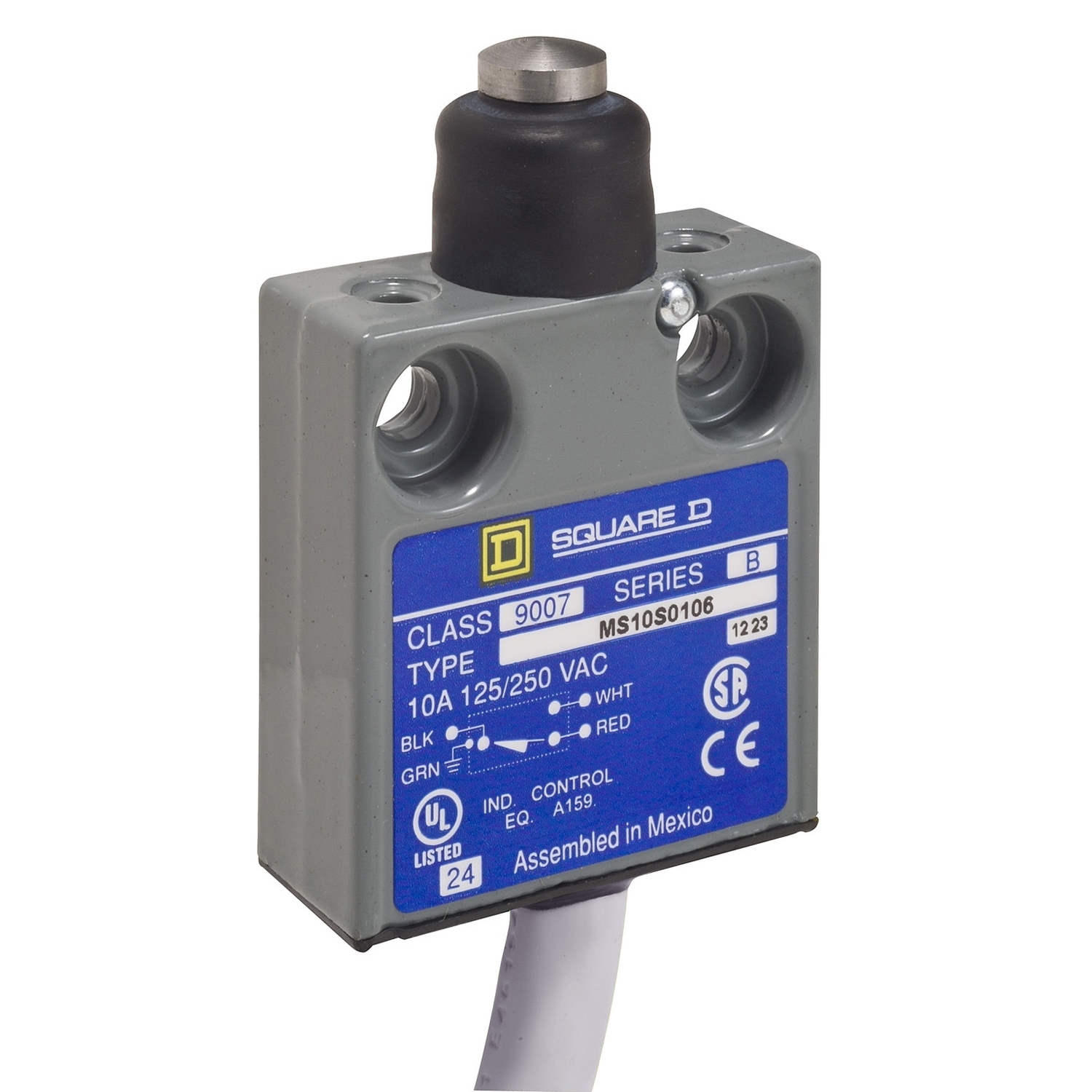 9007MS10S0110 Miniature Potted Limit Switch, 240 V AC/28 V DC, 10 A, Booted Push-Rod Vertical Actuator, 1CO 1 Form C SPDT Contact, 1 Pole