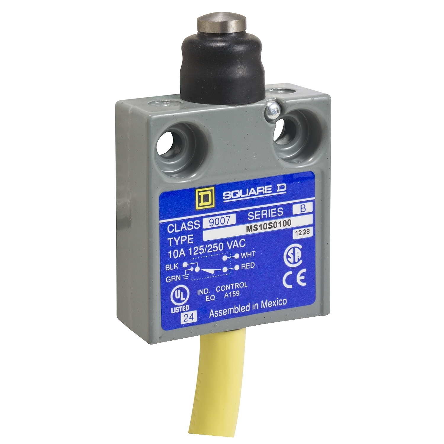 9007MS10S0321 Miniature Potted Limit Switch, 240 V AC/28 V DC, 10 A, Booted Push-Rod Vertical Actuator, 1CO 1 Form C SPDT Contact, 1 Poles