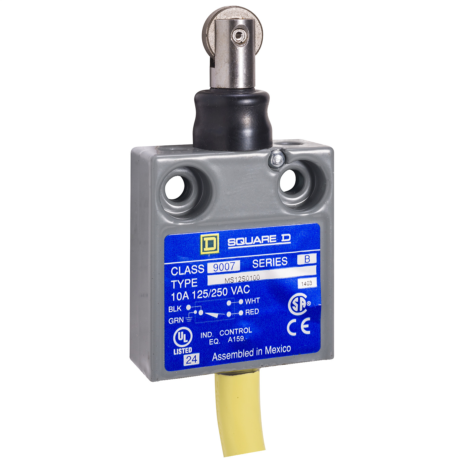 9007MS12S0200 Miniature Potted Limit Switch, 240 VAC/28 VDC, 10 A, Roller Plunger Actuator, 1CO 1 Form C SPDT Contact, 1 Pole