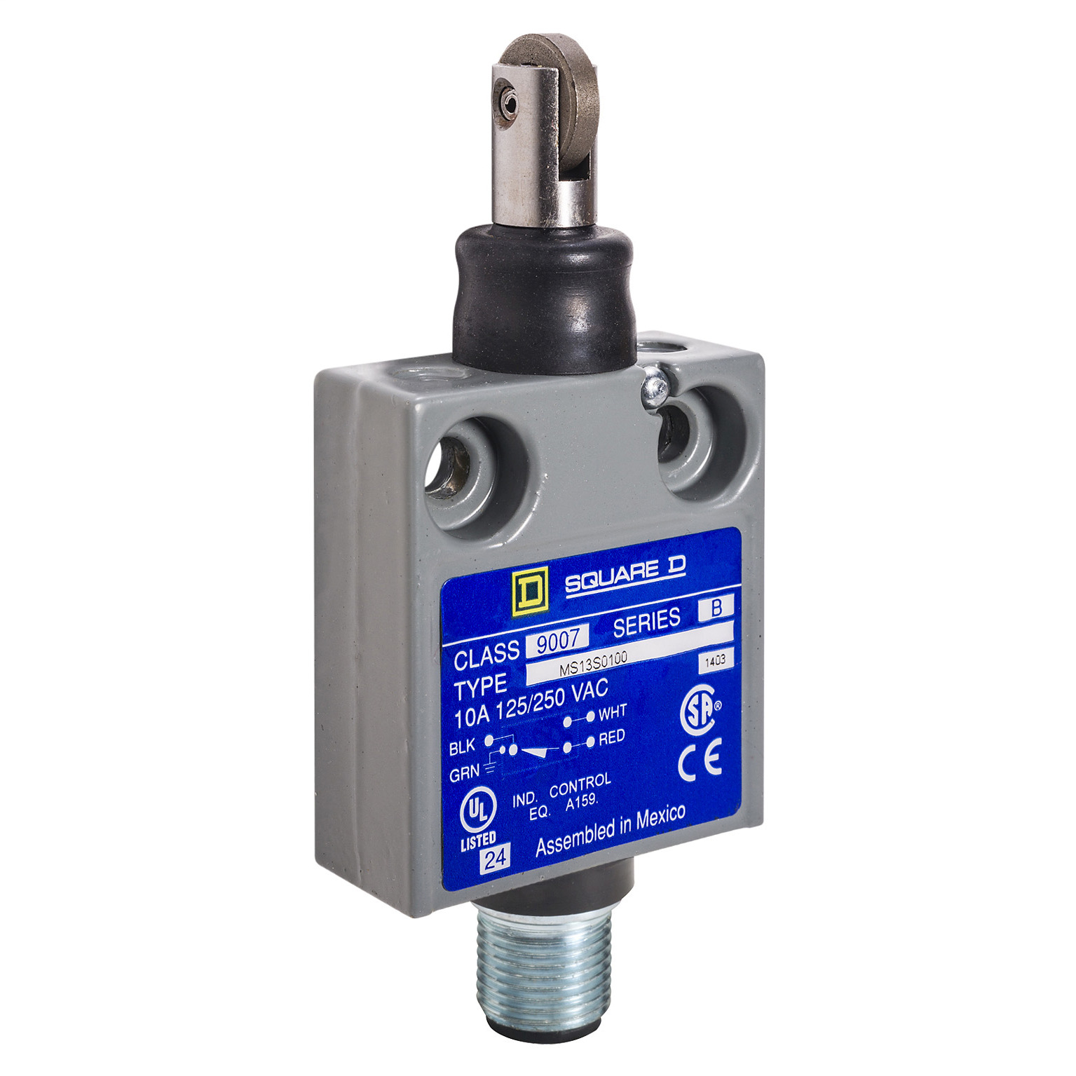 9007MS13S0054 Miniature Potted Limit Switch, 240 VAC/28 VDC, 10 A, 1CO 1 Form C SPDT Contact, 1 Pole