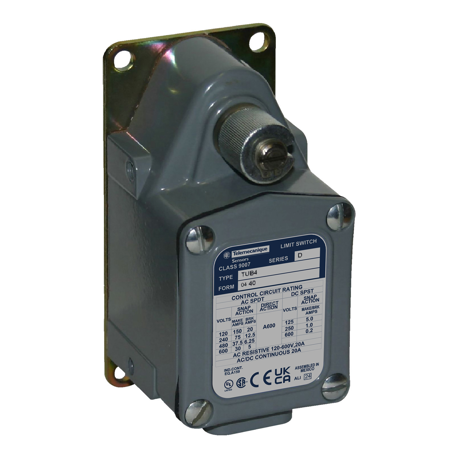9007TSB1 Severe Duty Mill Limit Switch, 600 V AC, 20 A, Lever Actuator, 1CO 1 Form Z SPDT-SB Contact, 1 Pole