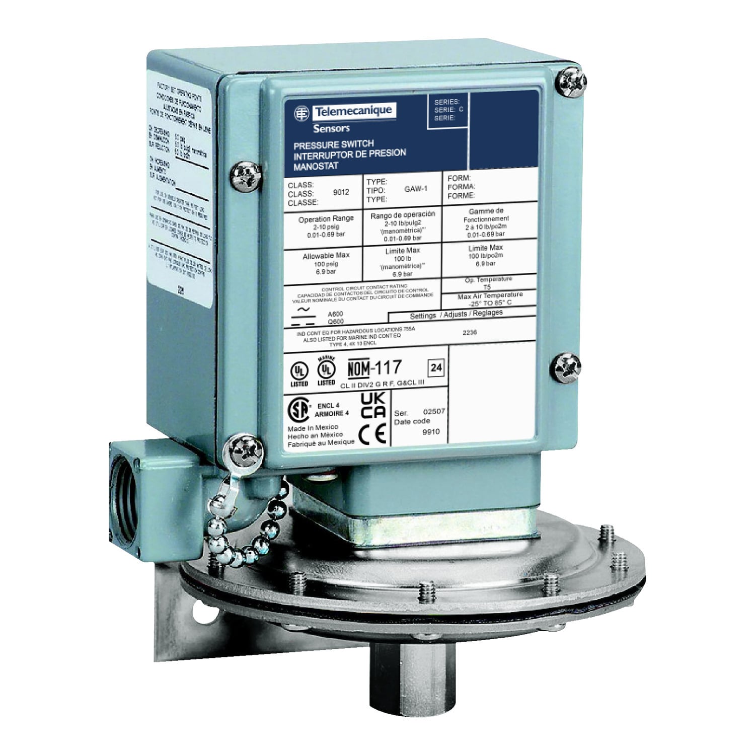 9012GAW21 1-Stage Electro-Mechanical Low Pressure Switch, 0.2 to 10 psi Pressure, 0.6 to 2 psi Differential, 2NO-2NC DPDT-DB Contact, 1/4-18 NPTF/Screw Clamp Connection