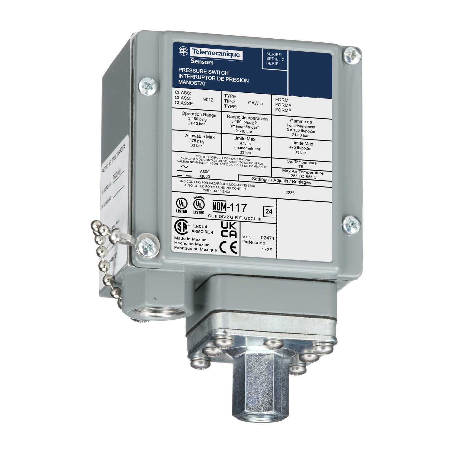 9012GAW5 Electro-Mechanical Pressure Switch, 3 to 150 psi Pressure, 6 to 30 psi Differential, 1CO SPDT-DB Contact, Screw Clamp Connection, 6 A at 120 V AC/0.27 A at 250 V DC Contact