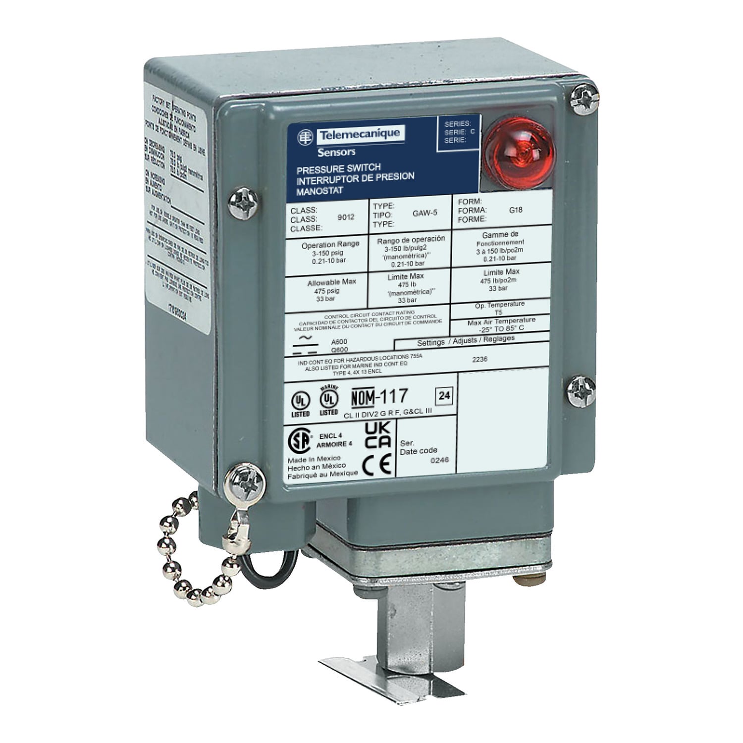 Pressure switch 9012G, adjustable scale, 2 thresholds, 3.0 to 150 PSIG