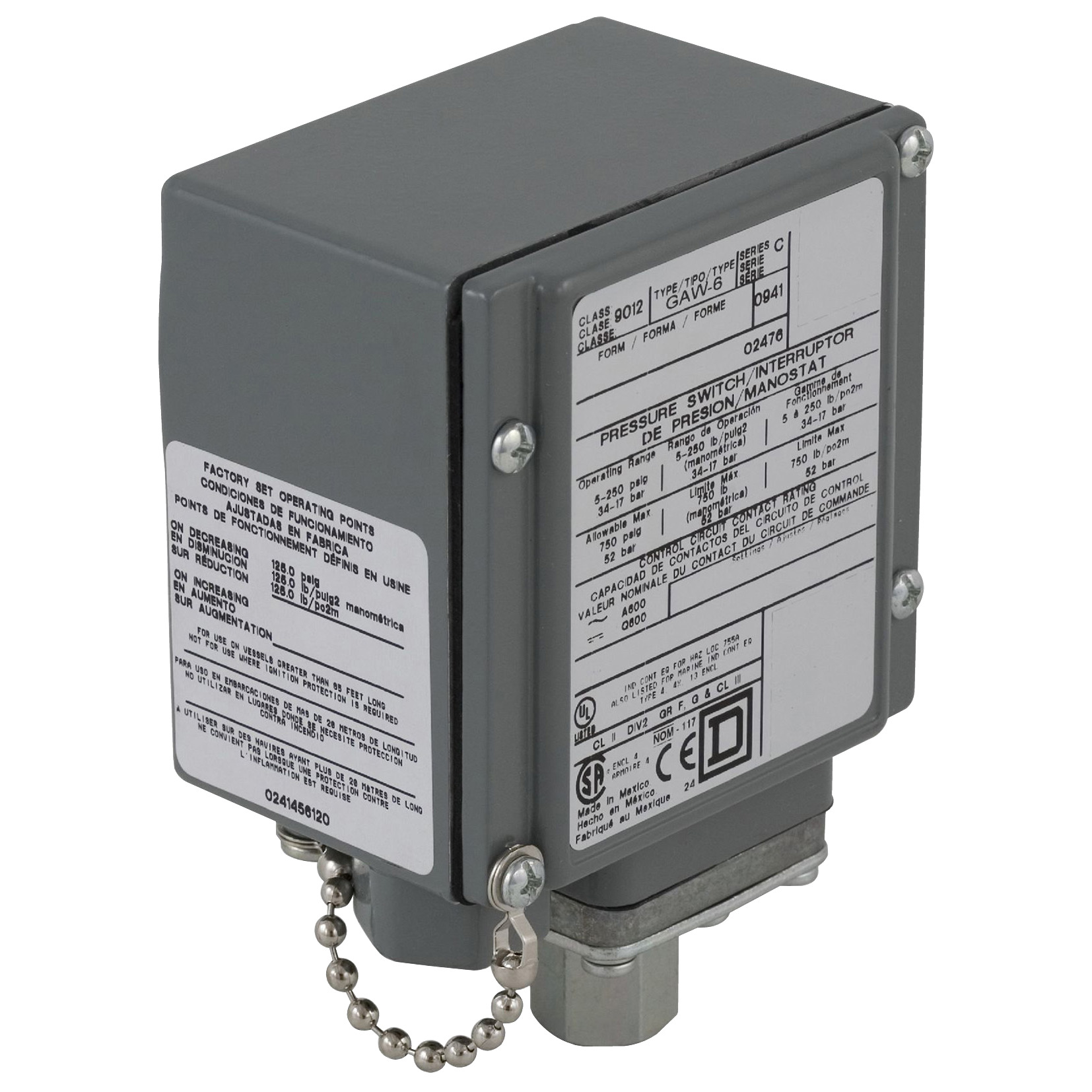 Pressure switch, 9012G, fixed scale, 1 threshold, 1.0 to 40PSIG