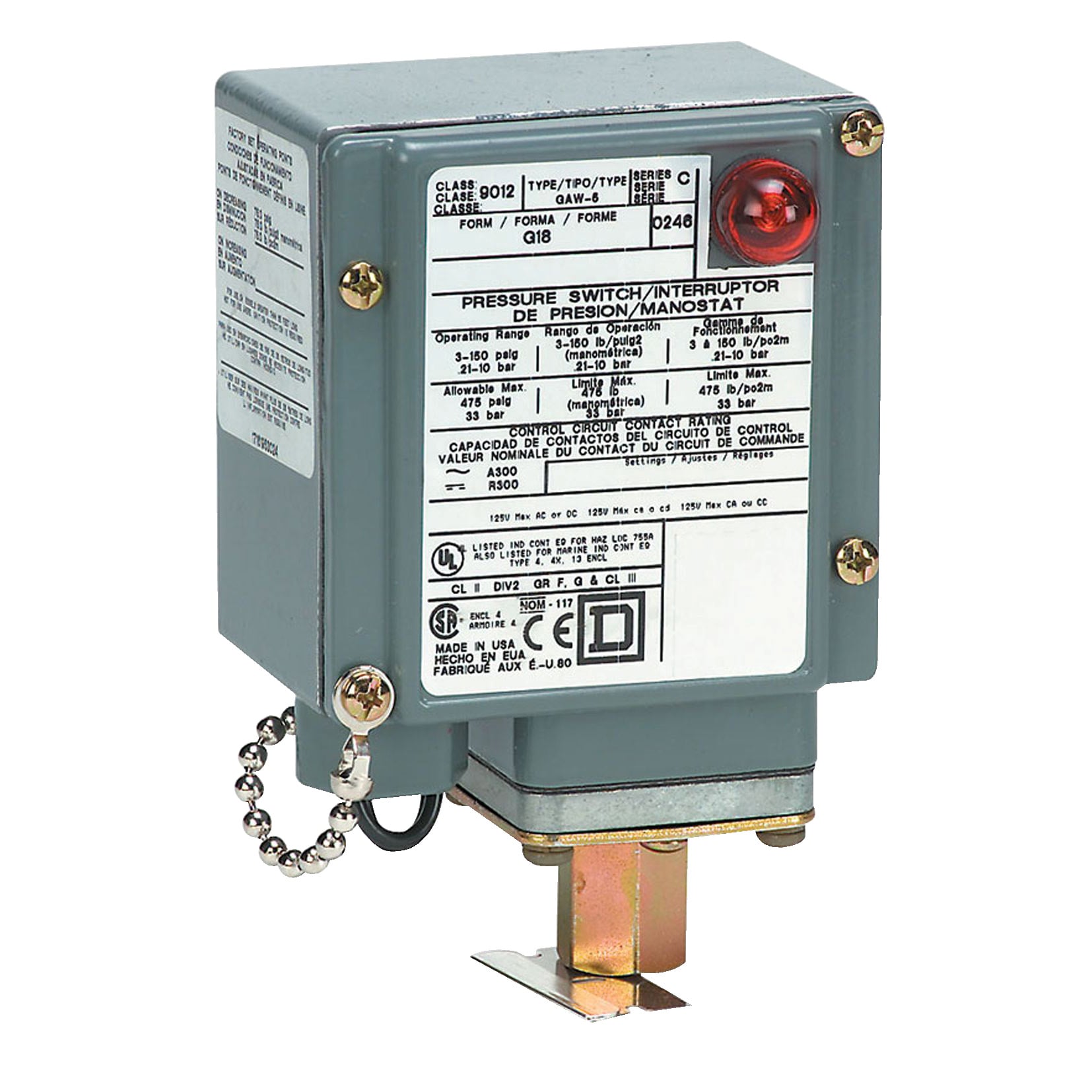 9012GDW5G18 1-Stage Low Pressure Electromechanical Pressure Switch, 3 to 150 psi Pressure, 6 psi Differential, 1CO SPDT-DB Contact, Screw Clamp Connection