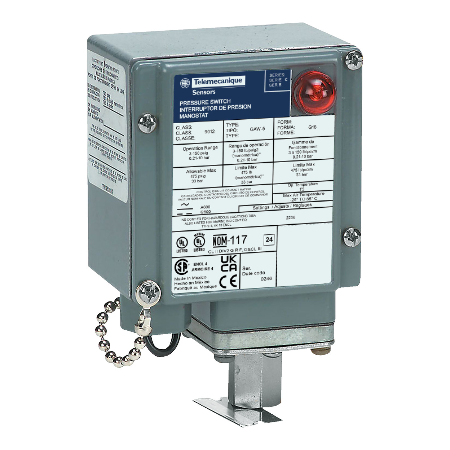 Pressure switch 9012G, fixed scale, 1 threshold, 5.0 to 250 PSIG