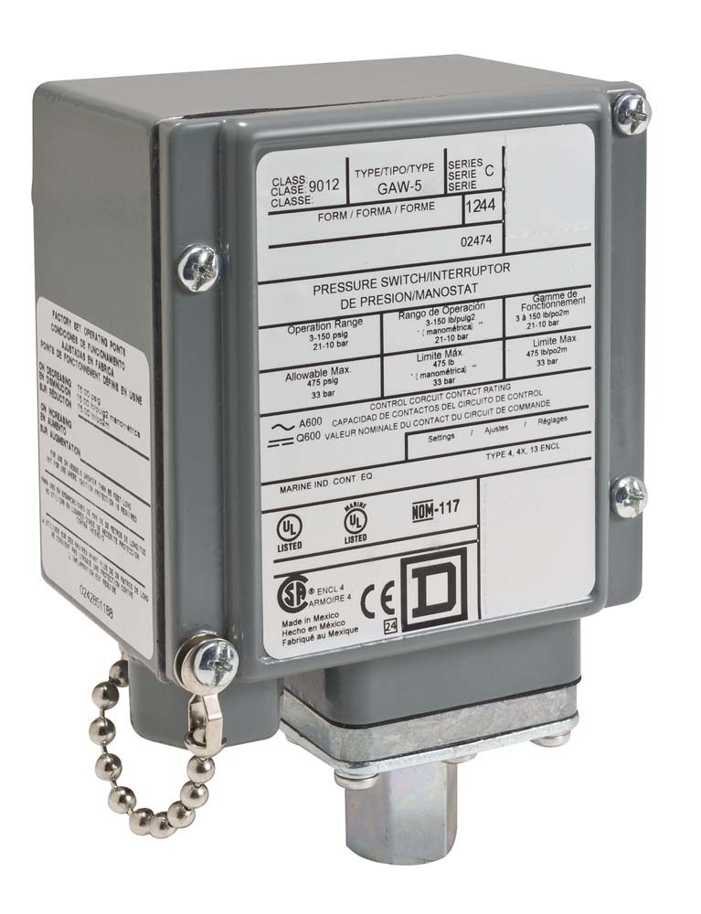 9012GDWM5M12 1-Stage Low Pressure Electromechanical Pressure Switch, 3 to 150 psi Pressure, 6 psi Differential, 1CO SPDT-DB Contact, Screw Clamp Connection